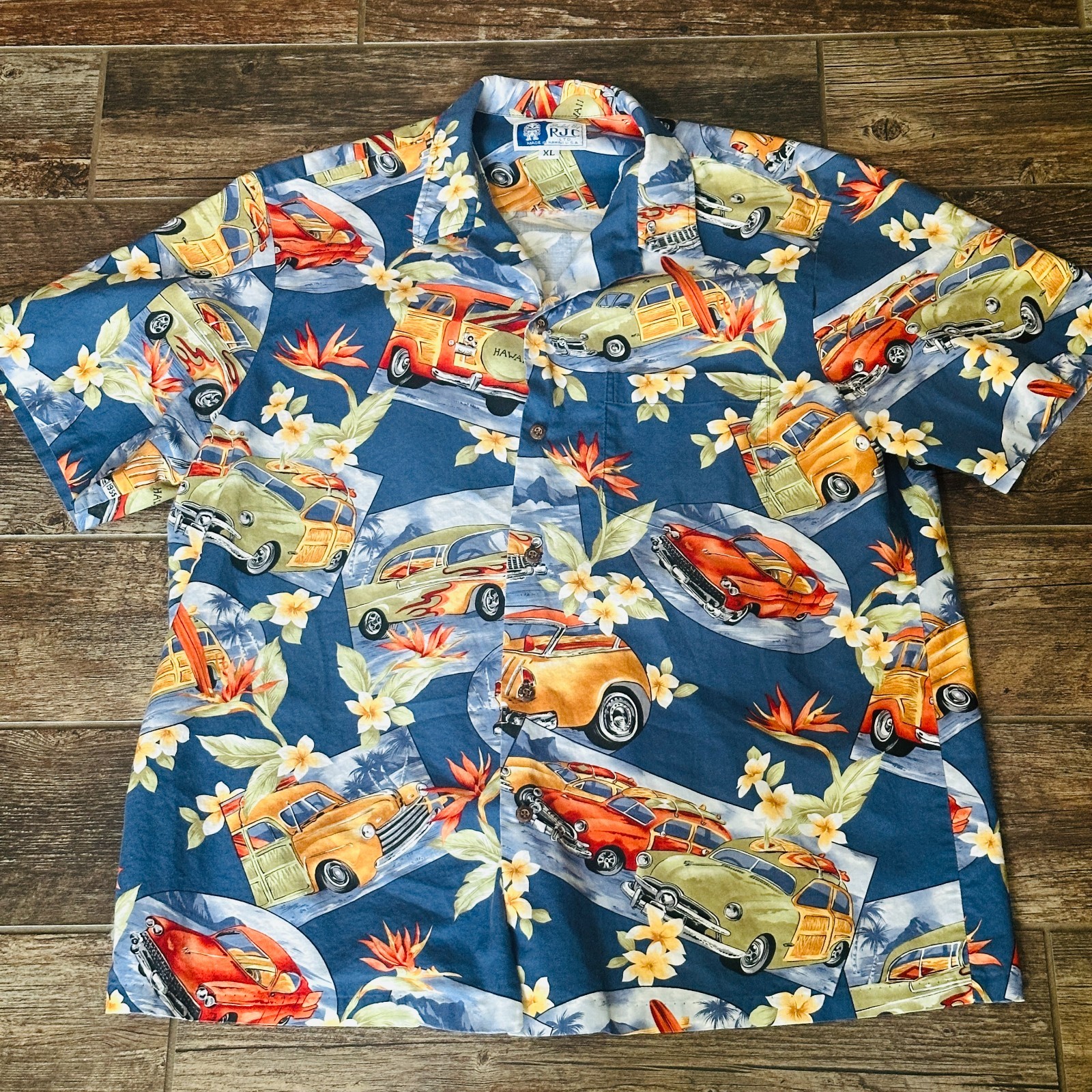 Men’s RJC Hawaiian Shirt Hot Rod Cars Aloha Floral Short Sleeve XL Extra Large
