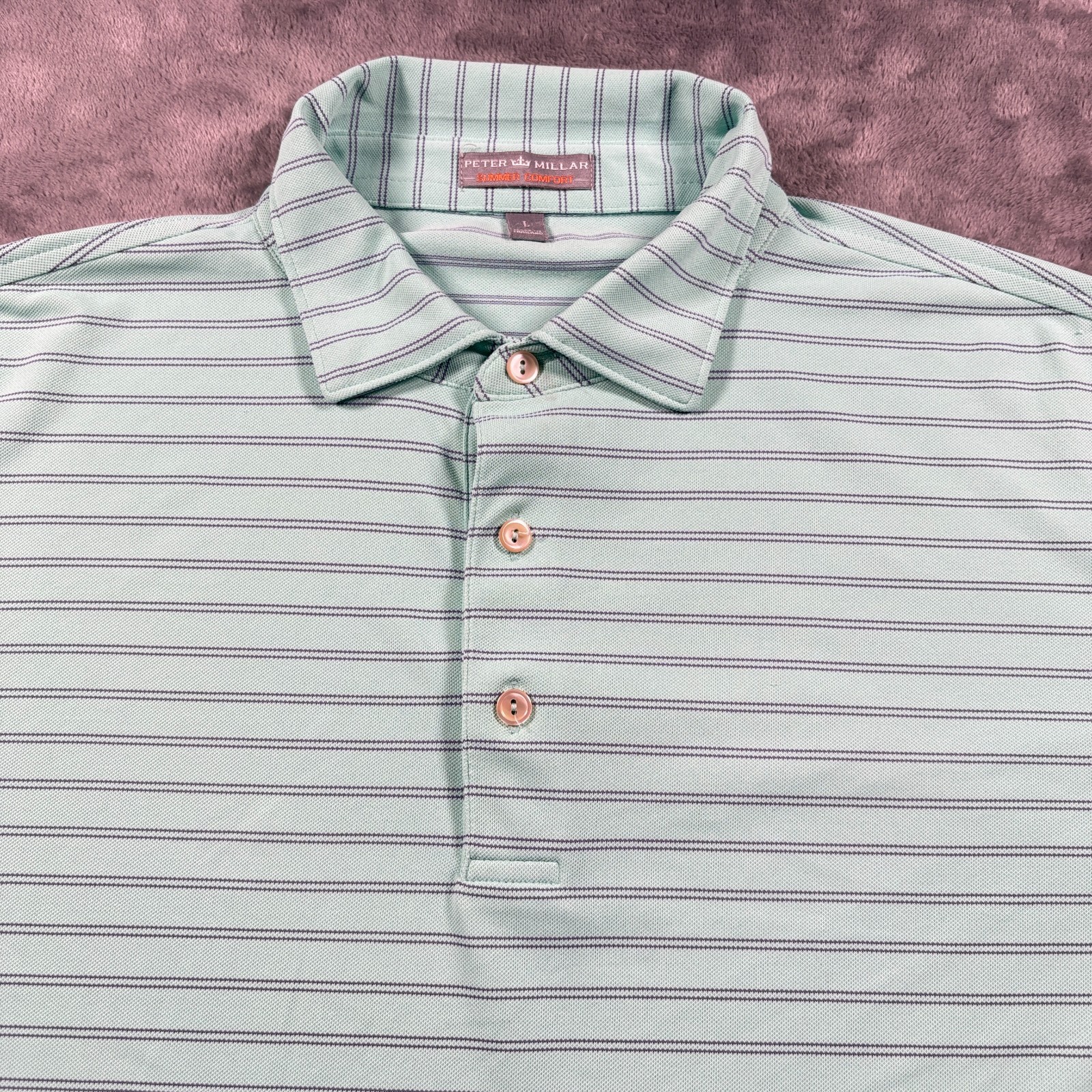 Peter Millar Polo Shirt Mens Large Green Striped Summer Comfort High Low Hem