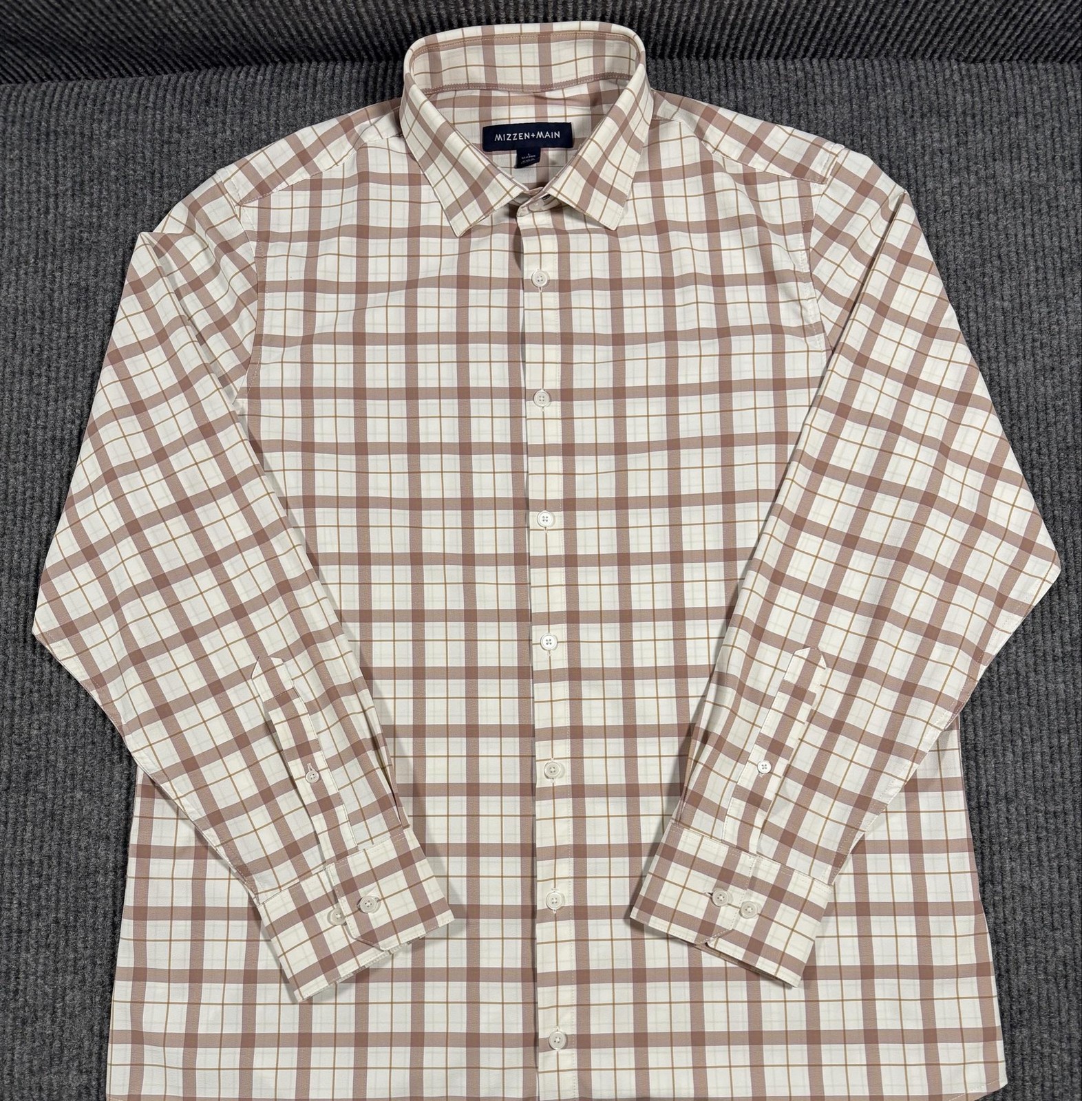 Mizzen Main Shirt Mens Large Classic Plaid Stretch Button Up Long Sleeve Beige