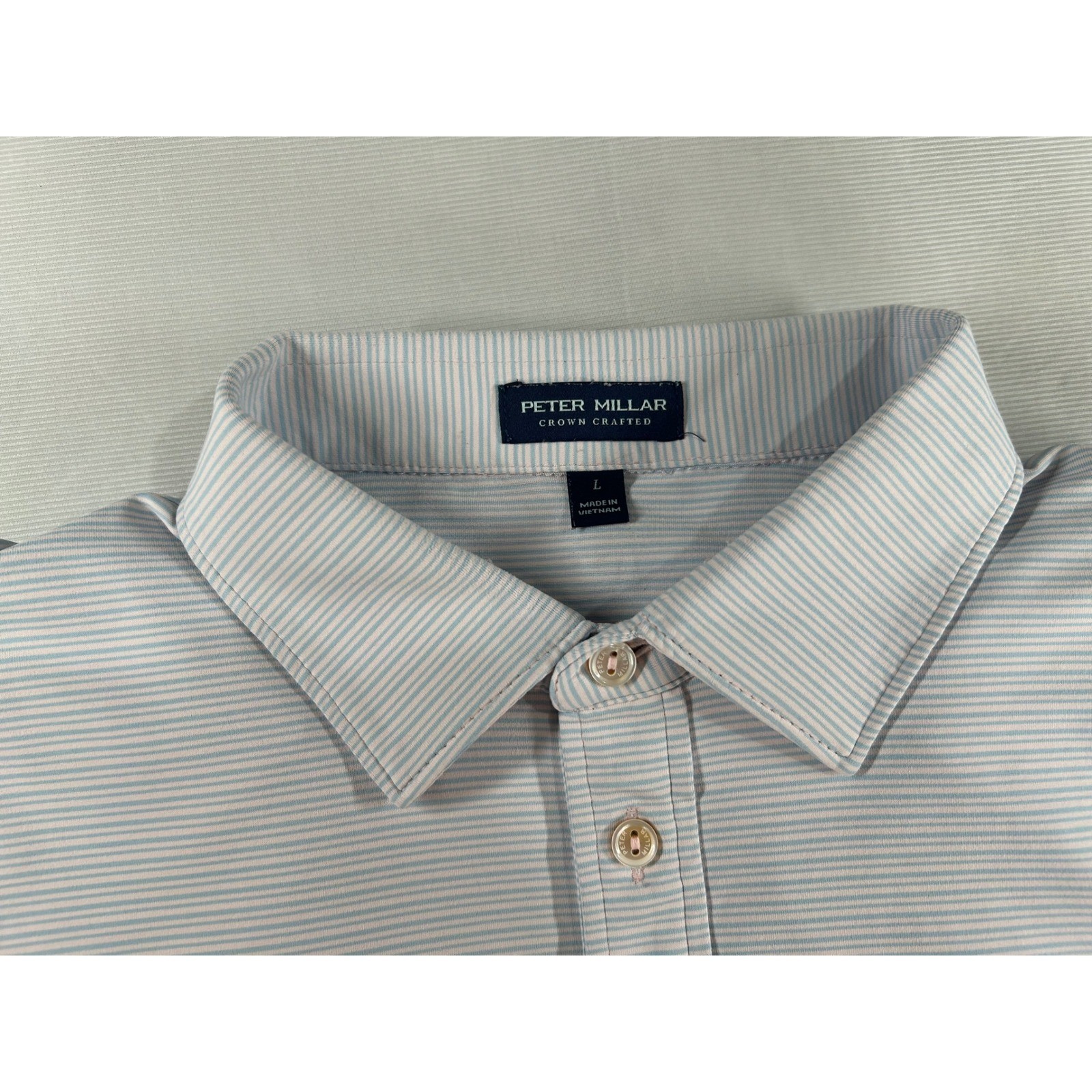 Peter Millar Crown Crafted Mens Large Blue White Stripe T 1908 Crest Polo Shirt