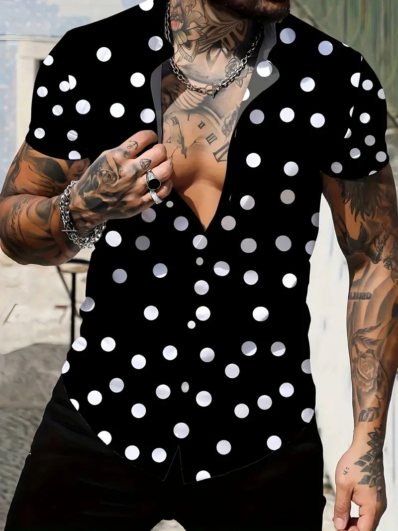 Men Polka Dot Shirt Comfortable Short Sleeves Button Down Casual Top Summer New