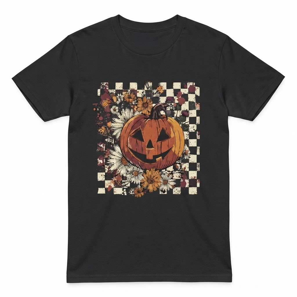 Checkered Floral T-Shirt, Vintage Pumpkin Shirt, Fall Pumpkin Shirt Thanksgiving