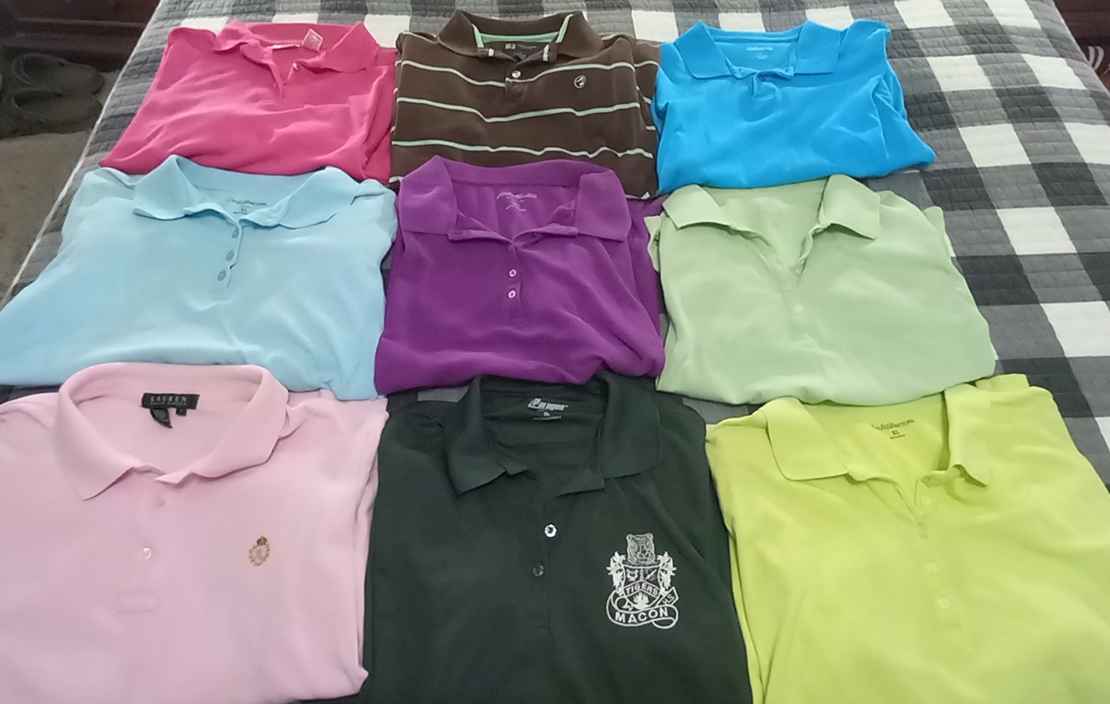 Lot of 9 Preowned Polo shirts. Good condition, Brand varies, S,L,Xl