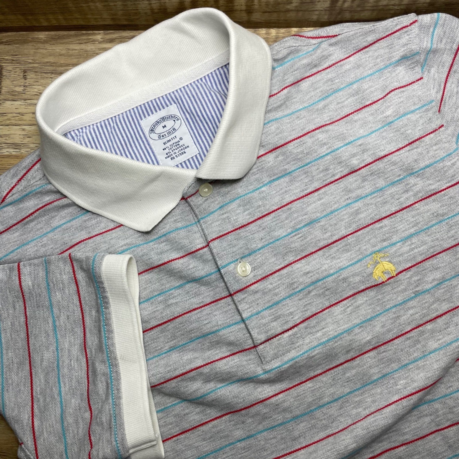 Brooks Brothers Men M Slim Striped Supima Cotton Polo Shirt Grey Contrast Collar