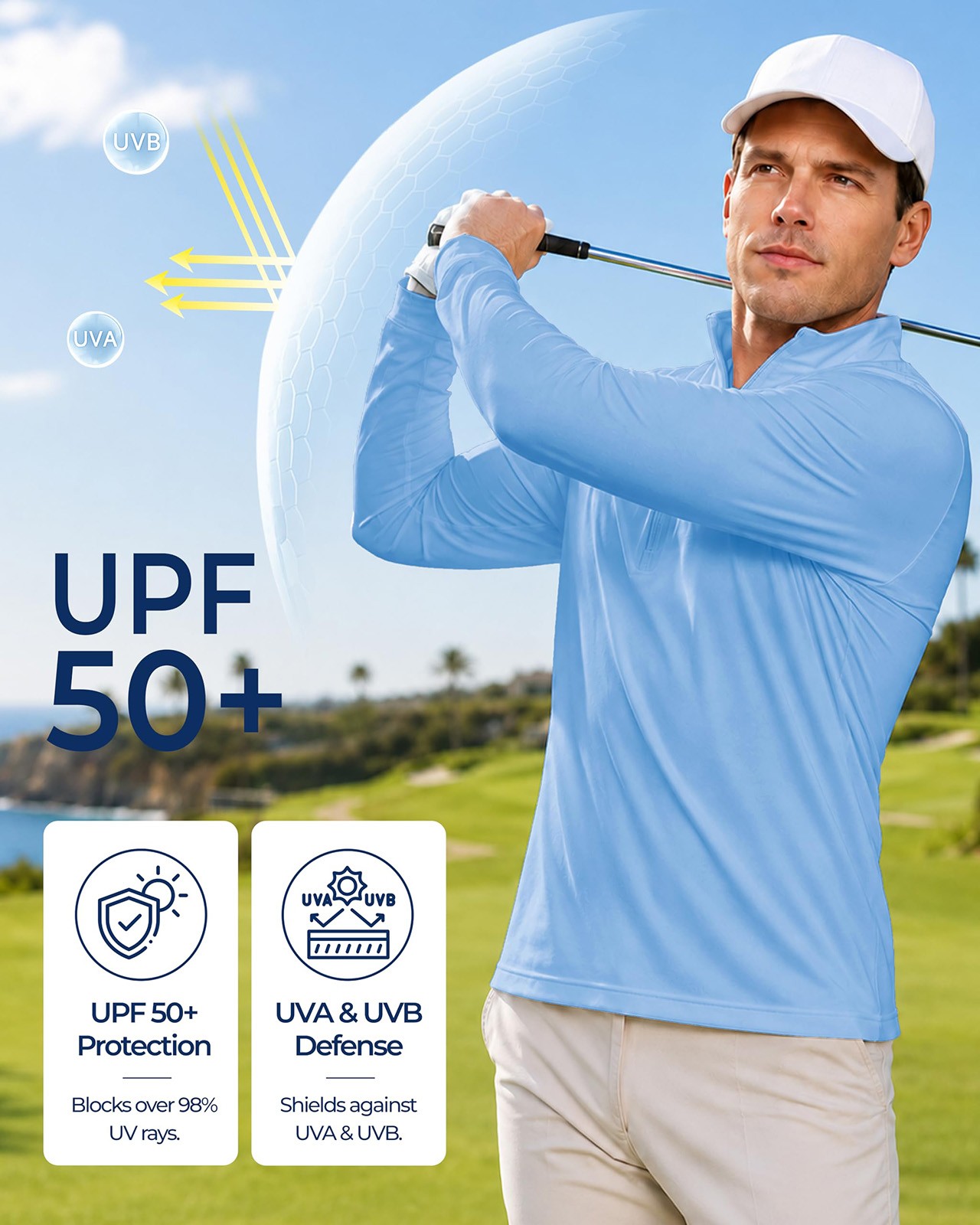 Mens UPF50+ Long Sleeve T-Shirts 1/4 Zip Up Quick Drying Sun Shirts Fishing Tops