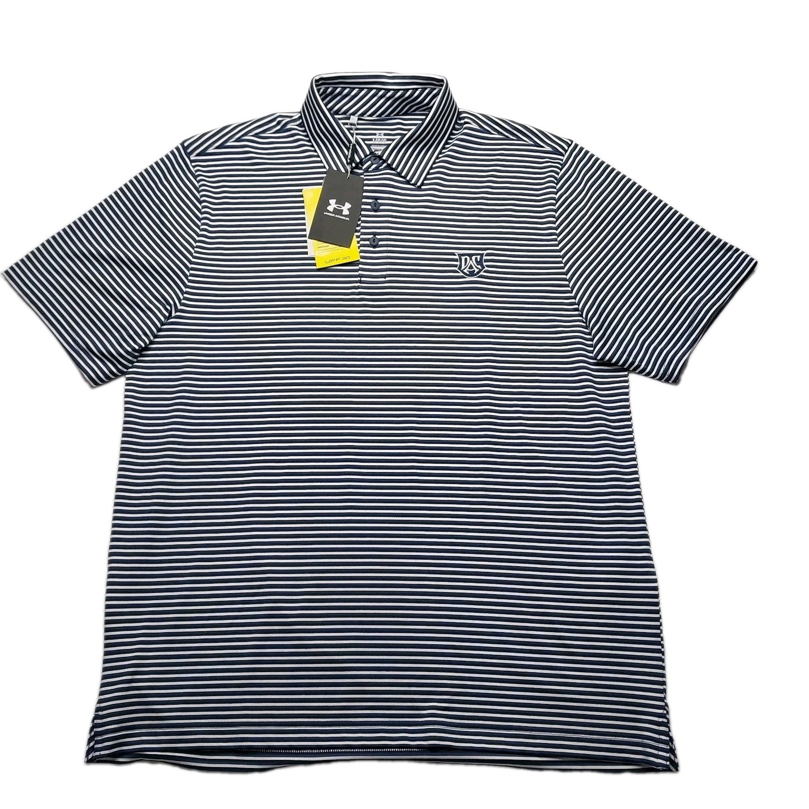 Under Armour Polo Shirt Mens Large UPF 30 Anti Odor Golf Performance Navy Stripe