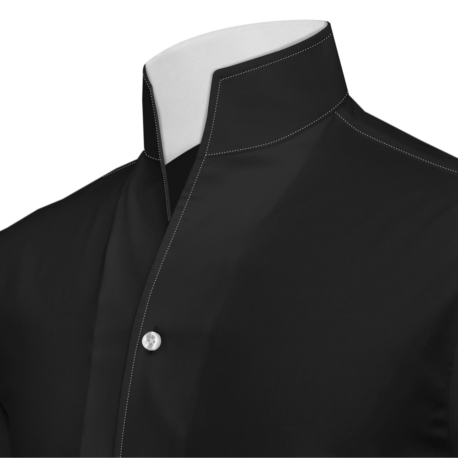 Black Contrast White Stitch High Open Collar Mens Preppy Style 100% Cotton Shirt