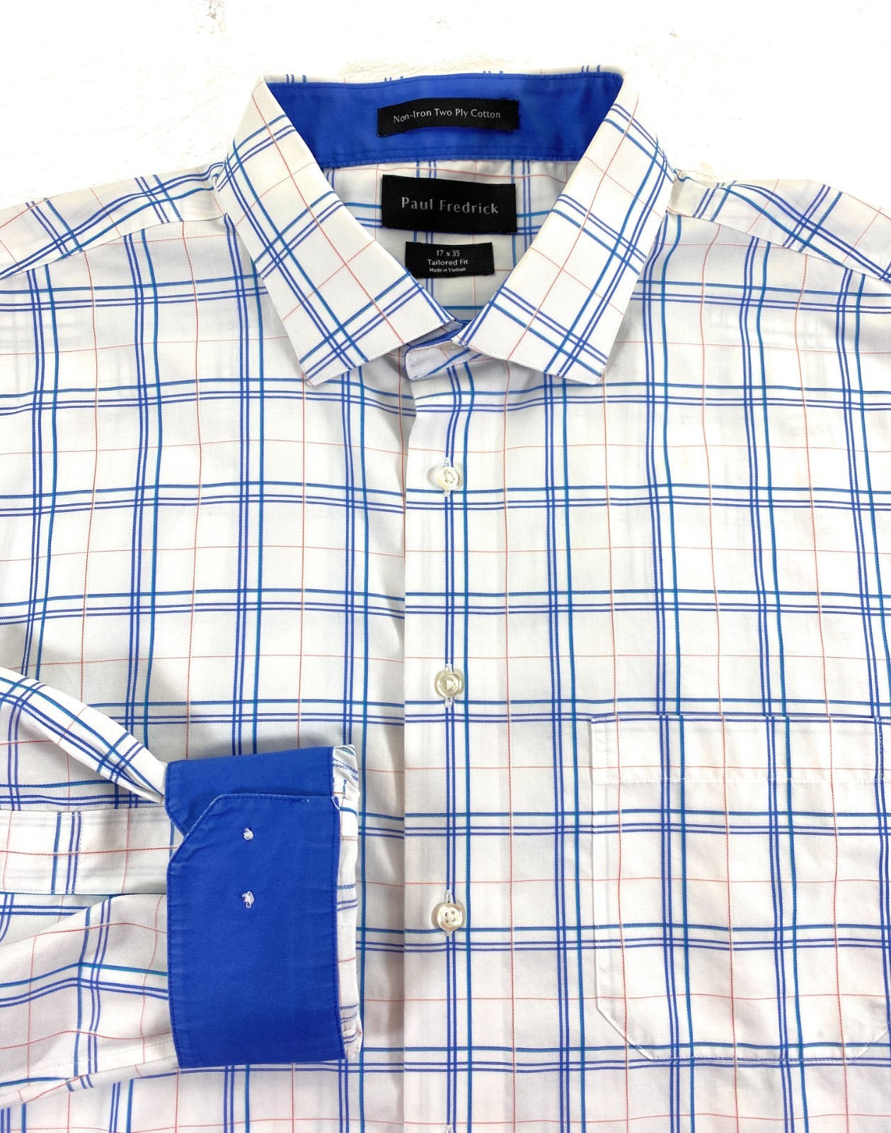 Paul Fredrick Men TAILORED FIT Non-Iron Flip Cuff White Plaid Dress Shirt 17/35