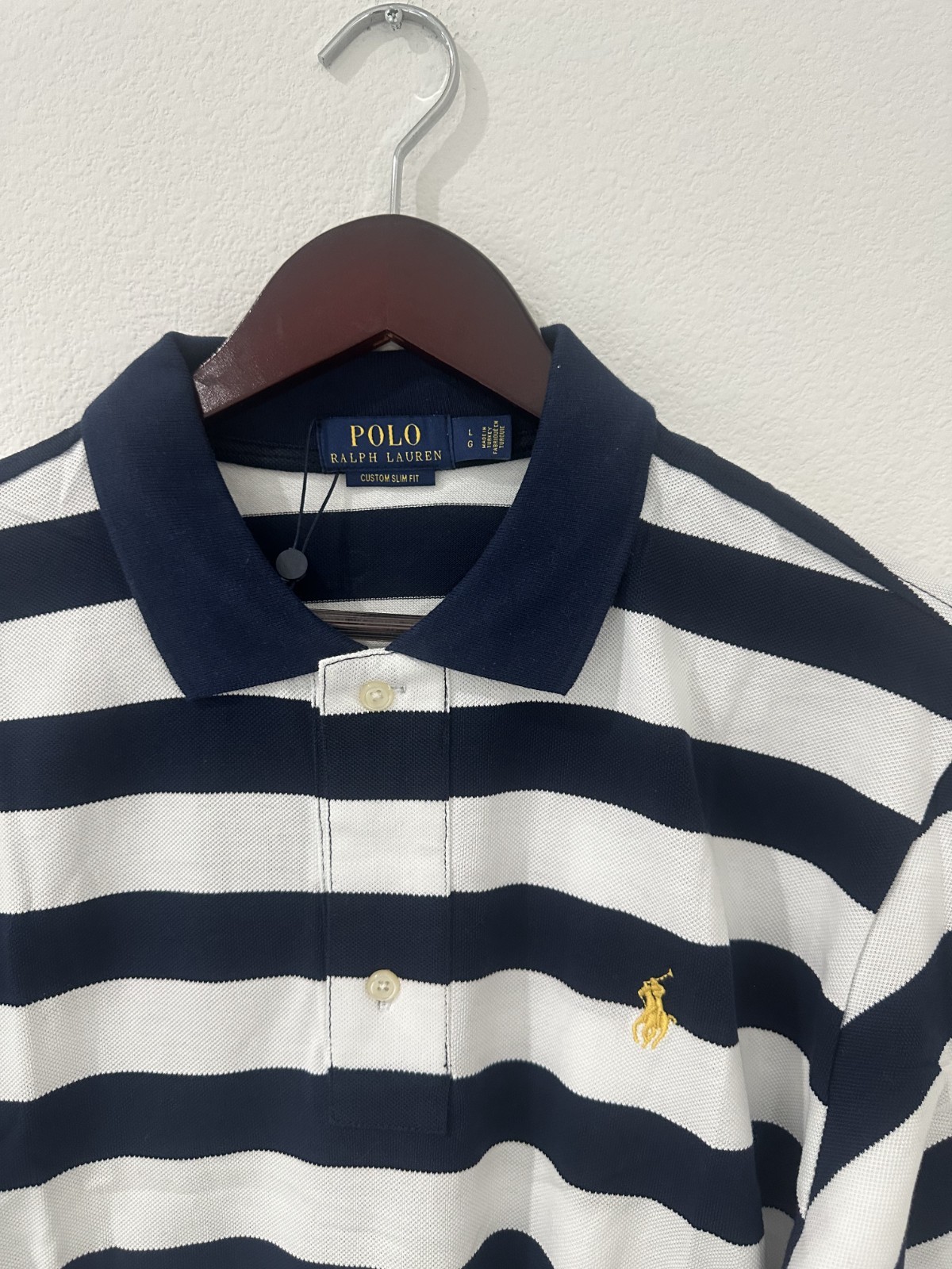 Ralph Lauren Men’s Custom Slim Fit Polo Shirt White Navy Stripe L Mesh New