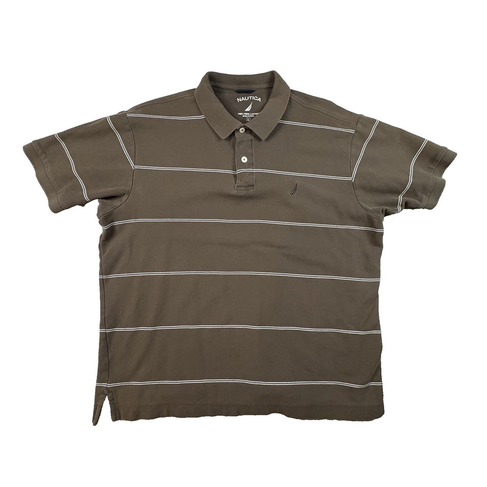 Nautica Men’s L Brown Striped Polo SS Cotton SEE DESCRIPTION