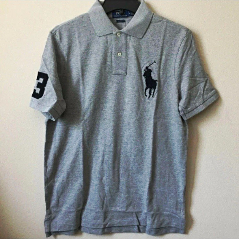 Polo Ralph Lauren Big Pony Gray Cotton Knit Polo Shirt Short Sleeve Logo M