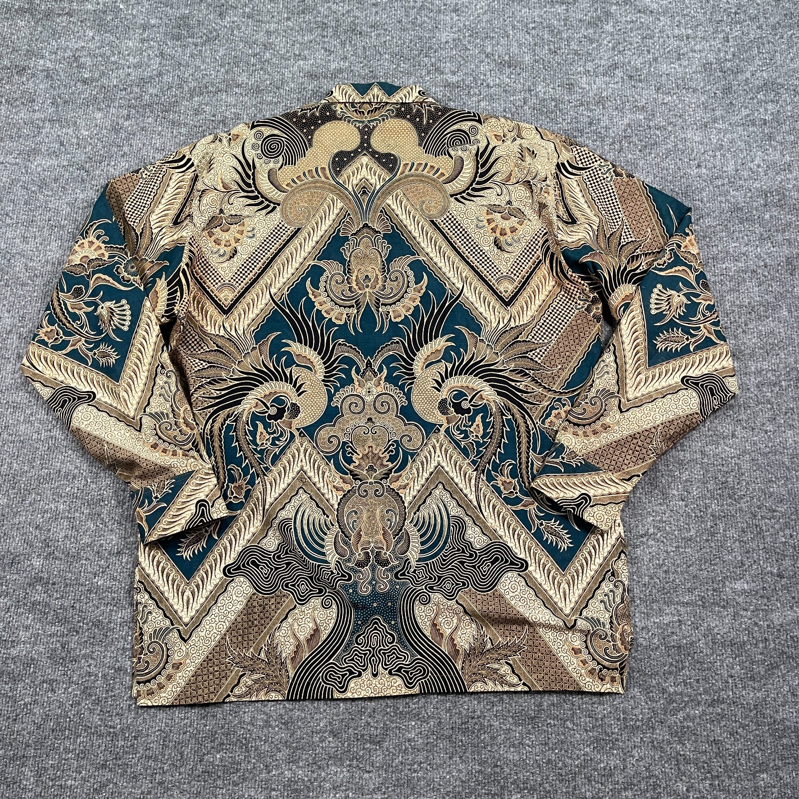 Vintage Boho Sogan Tribal Art AOP Batik Button Shirt Large 22×29 Indonesia
