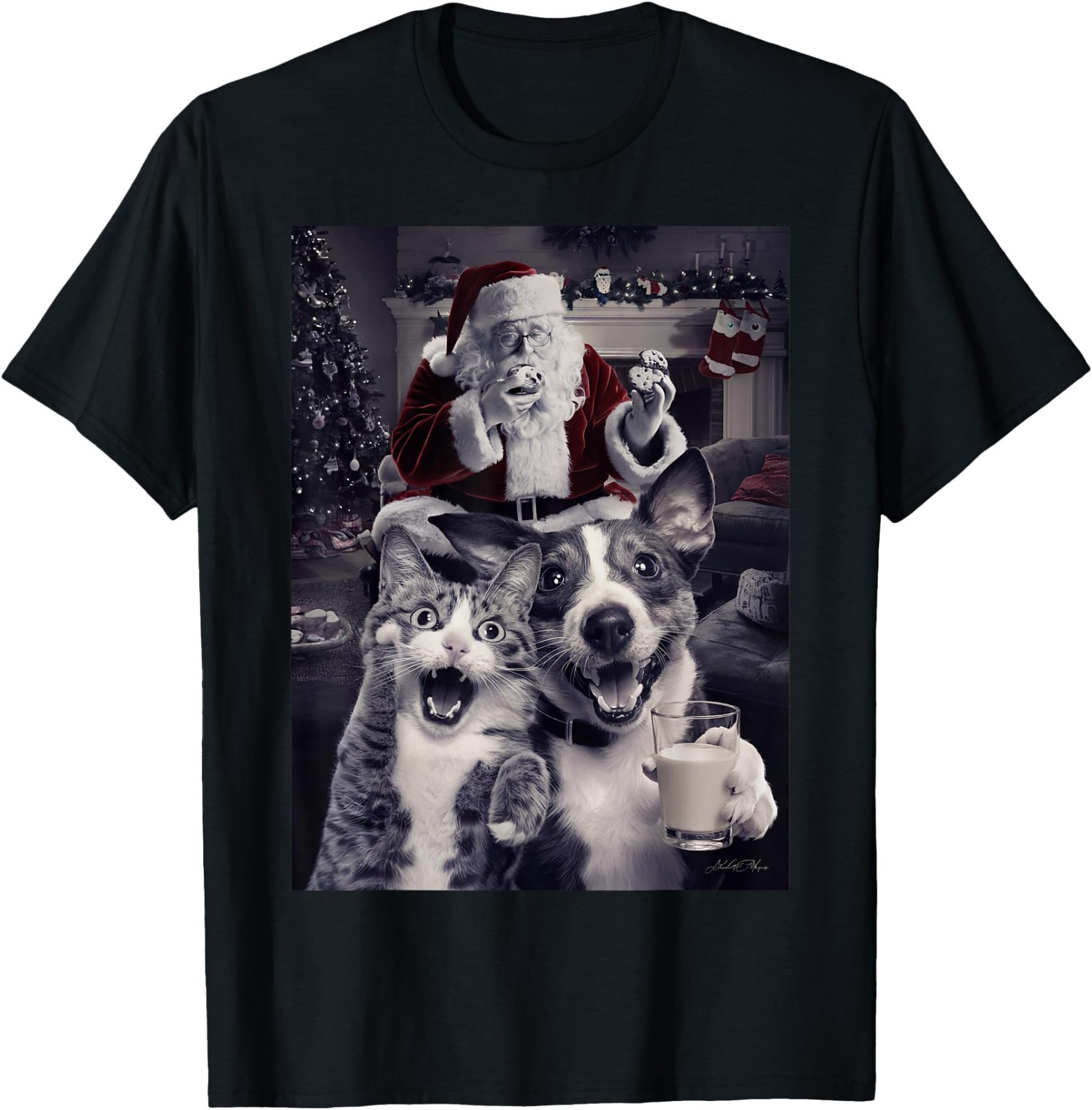 Funny Dog Cat Selfie With Santa Christmas Men Women Kid T-Shirt