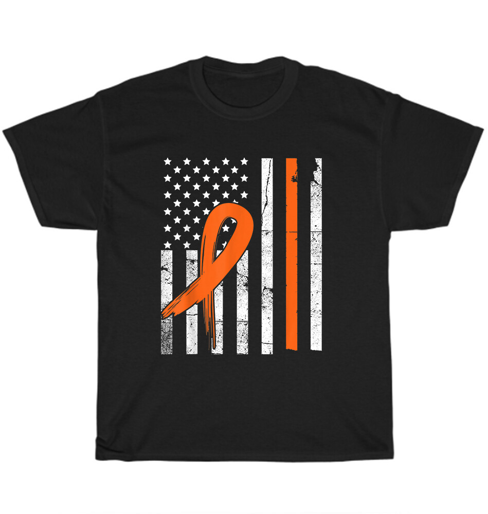 MS Multiple Sclerosis Awareness Orange Ribbon Warrior American US Flag T-Shirt