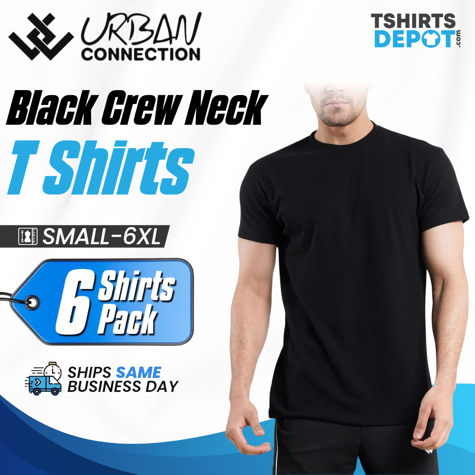 Men’s Black Crew Round Neck T-Shirt | Urban Connection | Small-6XL | 6 Shirts