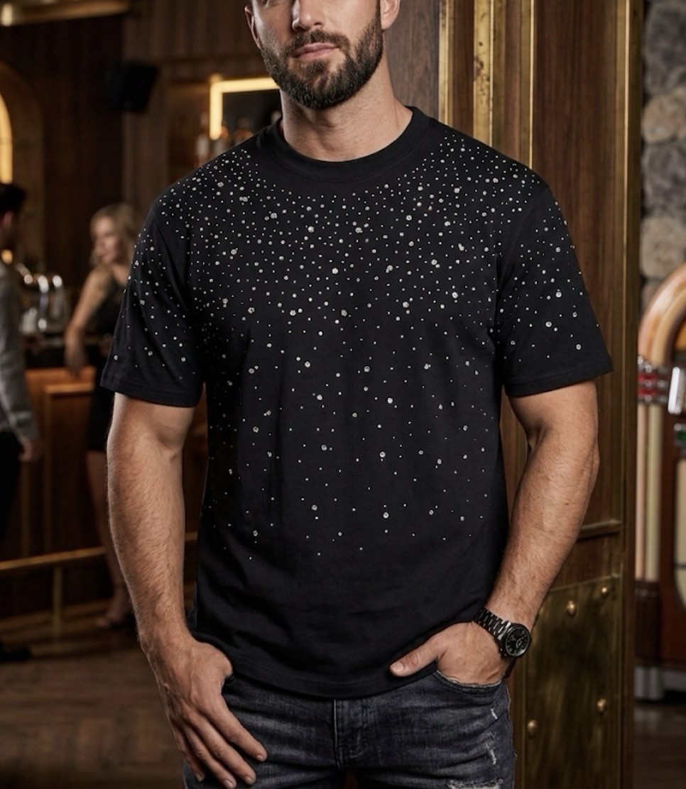 Vybes Luxury Diamond Star Rhinestones Fashion Black White T-Shirt High Quality