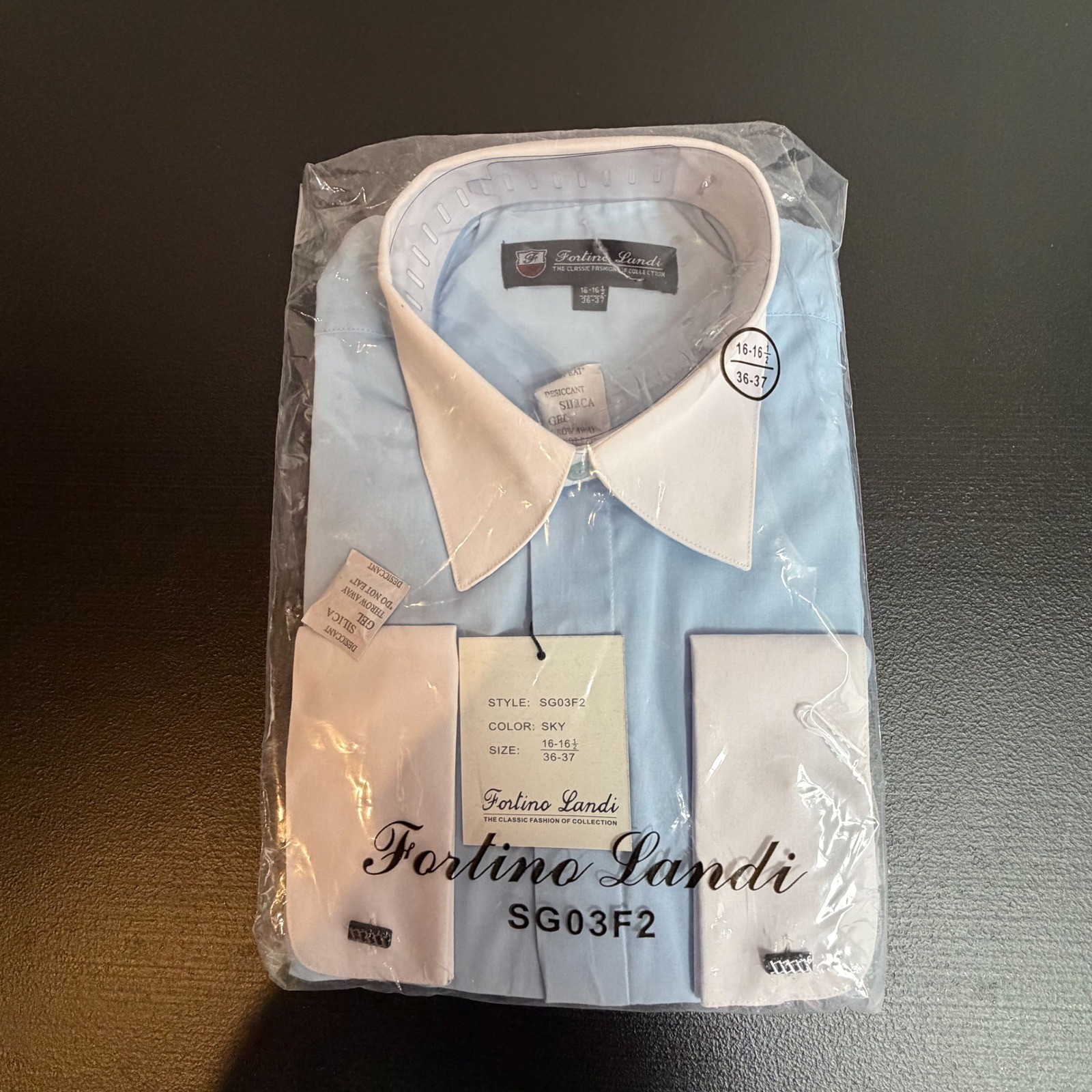 Fortino Landi Mens Dress Shirt NWT Sky Blue Contrast Collar 16-16.5 36-37