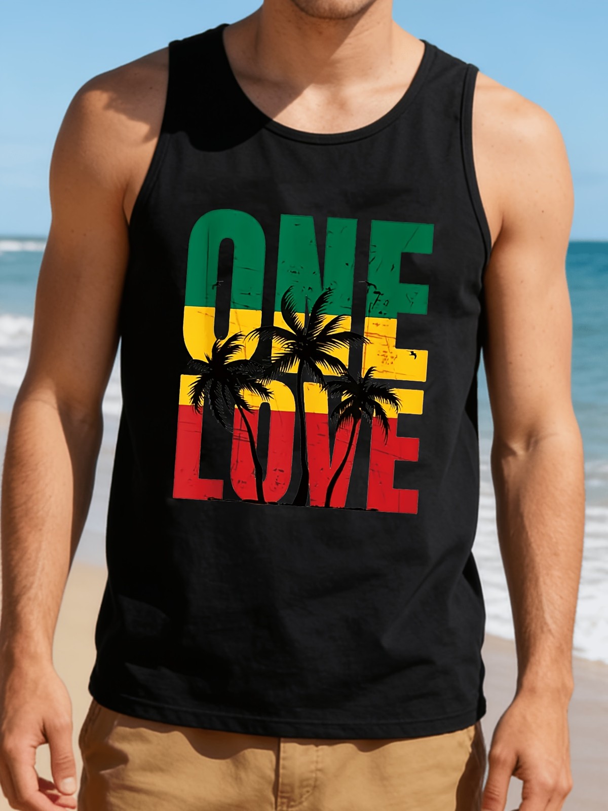 Mens Beach Print Round Neck Sleeveless Tank Top Machine Washable Casual Vest❀