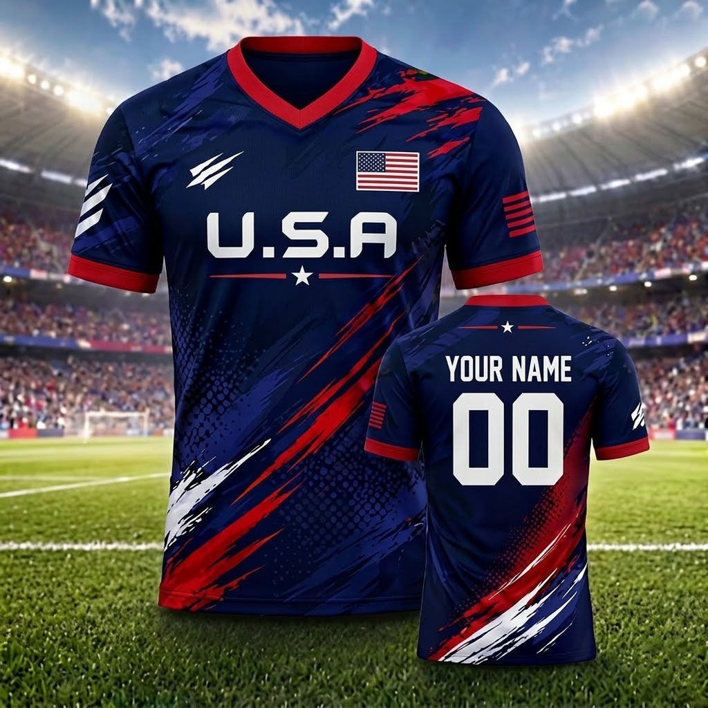 USA Soccer Jersey Football Tee Dark Blue American Flag Athletic V Neck Soccer