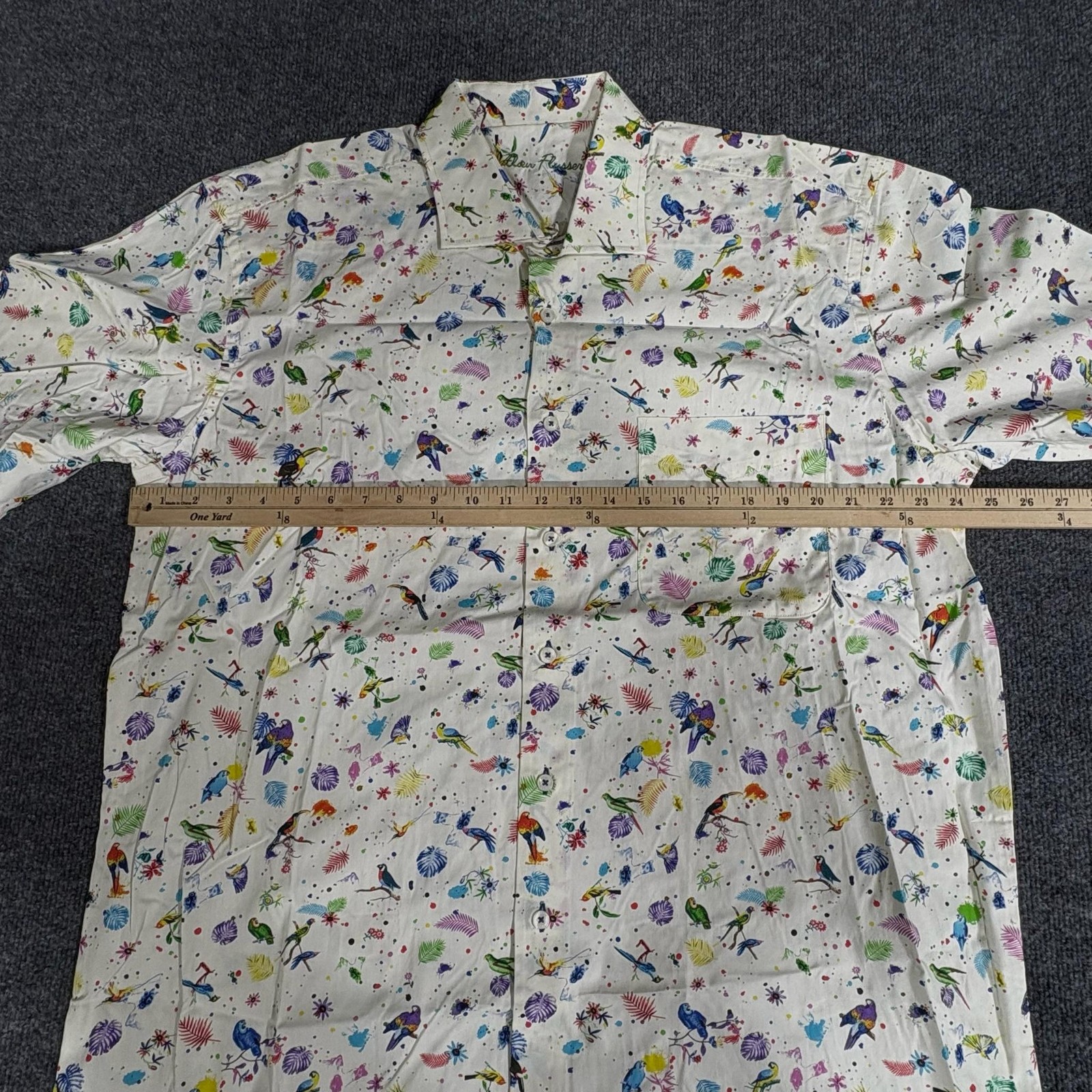 Alan Flusser Shirt Mens XL Multicolor Bird Floral Short Sleeve Button Up Casual