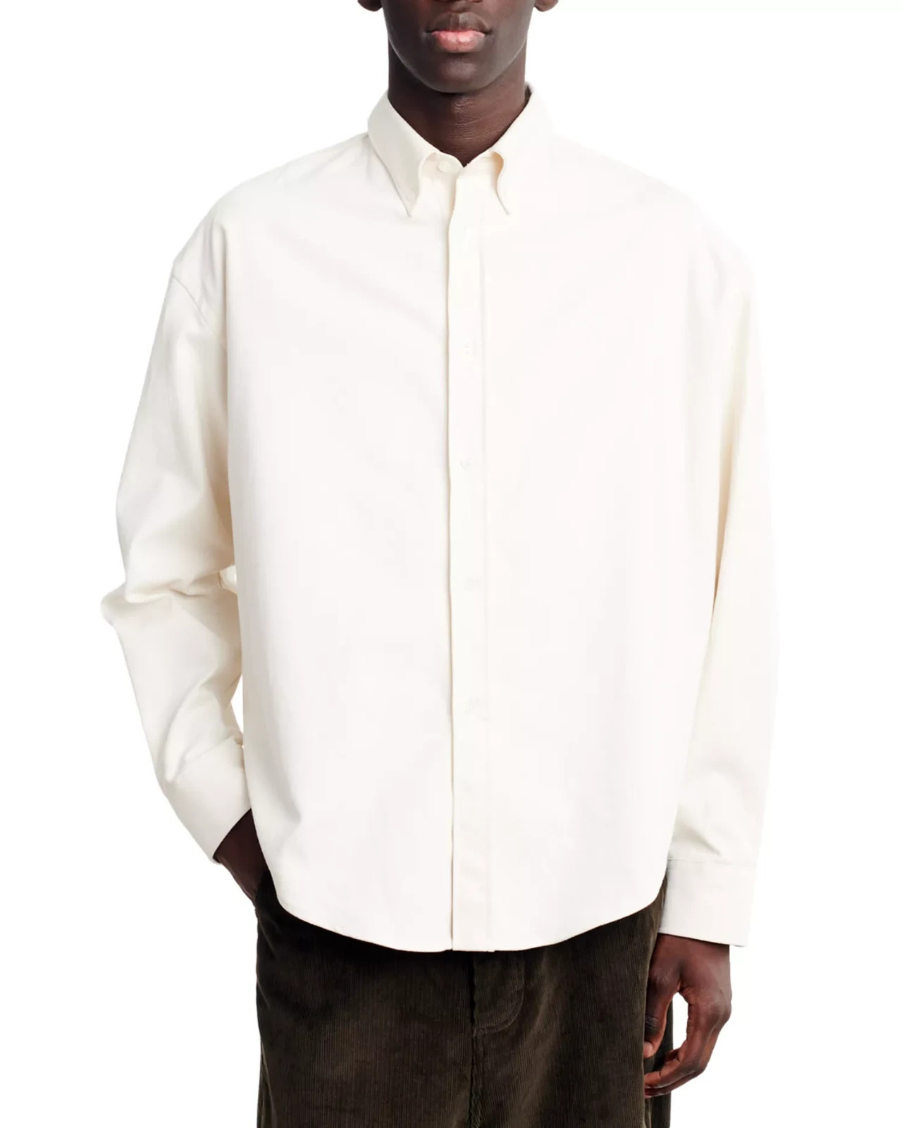 AMI Boxy Regular Fit Button Down Shirt Men’s 42 Off White Solid Long Sleeve
