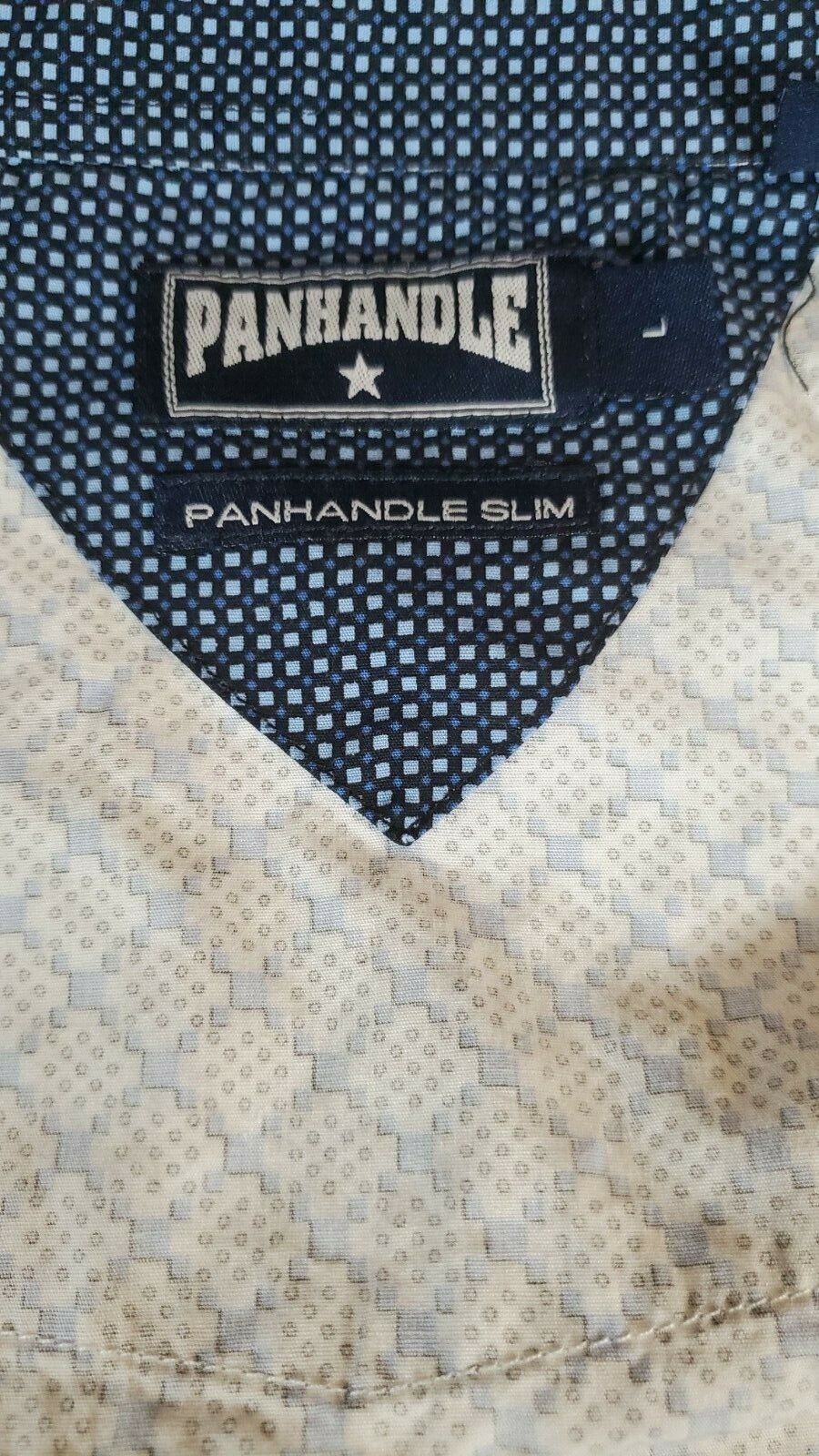 Panhandle Slim Western Shirt Size L Pearl Snap Short Sleeve White Blue EUC