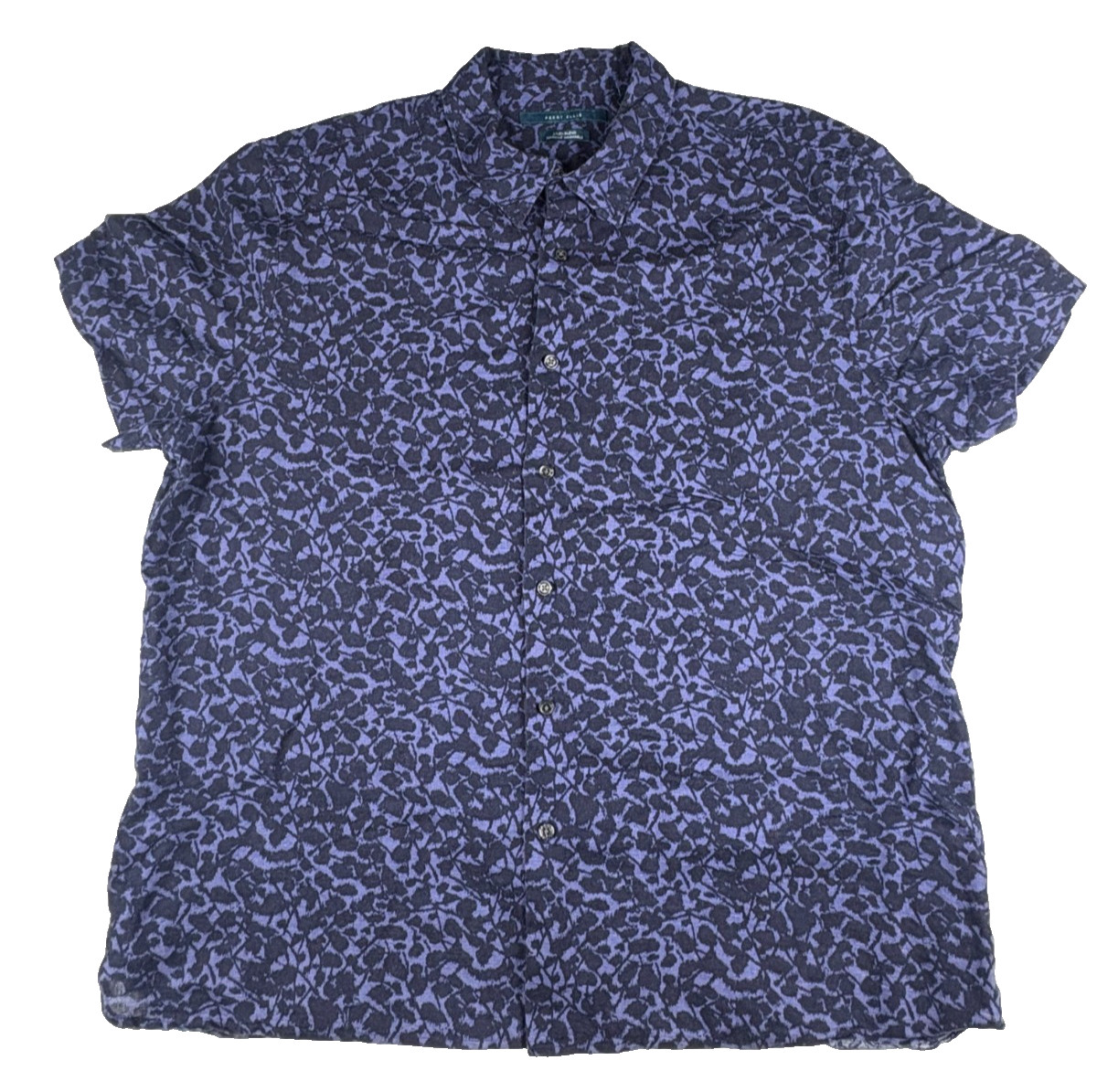Perry Ellis Mens Short Sleeve Button Up Shirt XXL Linen Floral Abstract Navy