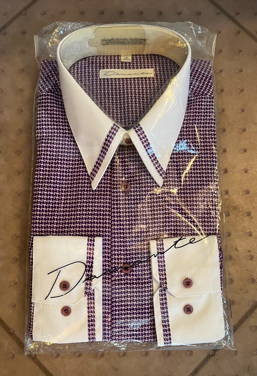 NEW DIAMANTE Houndstooth Purple/White Contrast Collar Cuff Dress Shirt 16 34/35