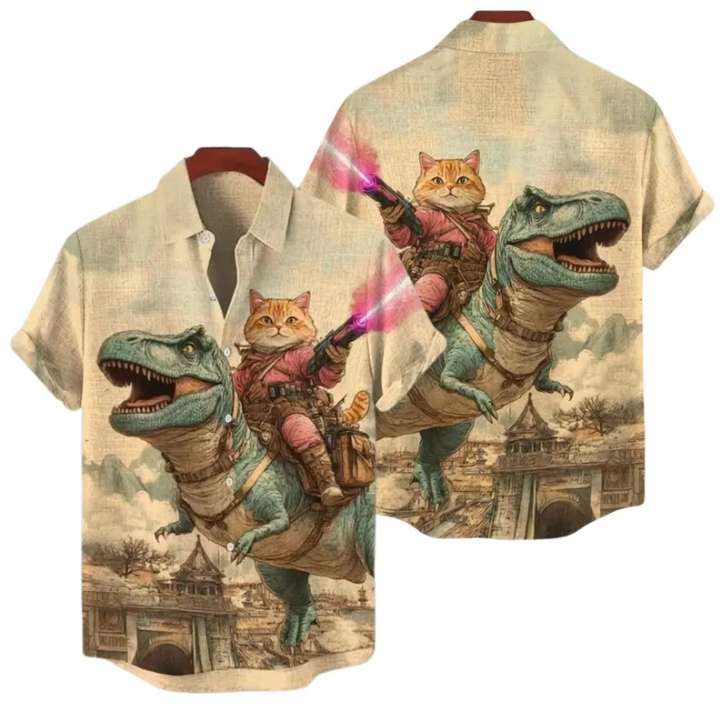 Orange Cat Dinosaur Riding Hawaiian Shirt Tropical Beach Party