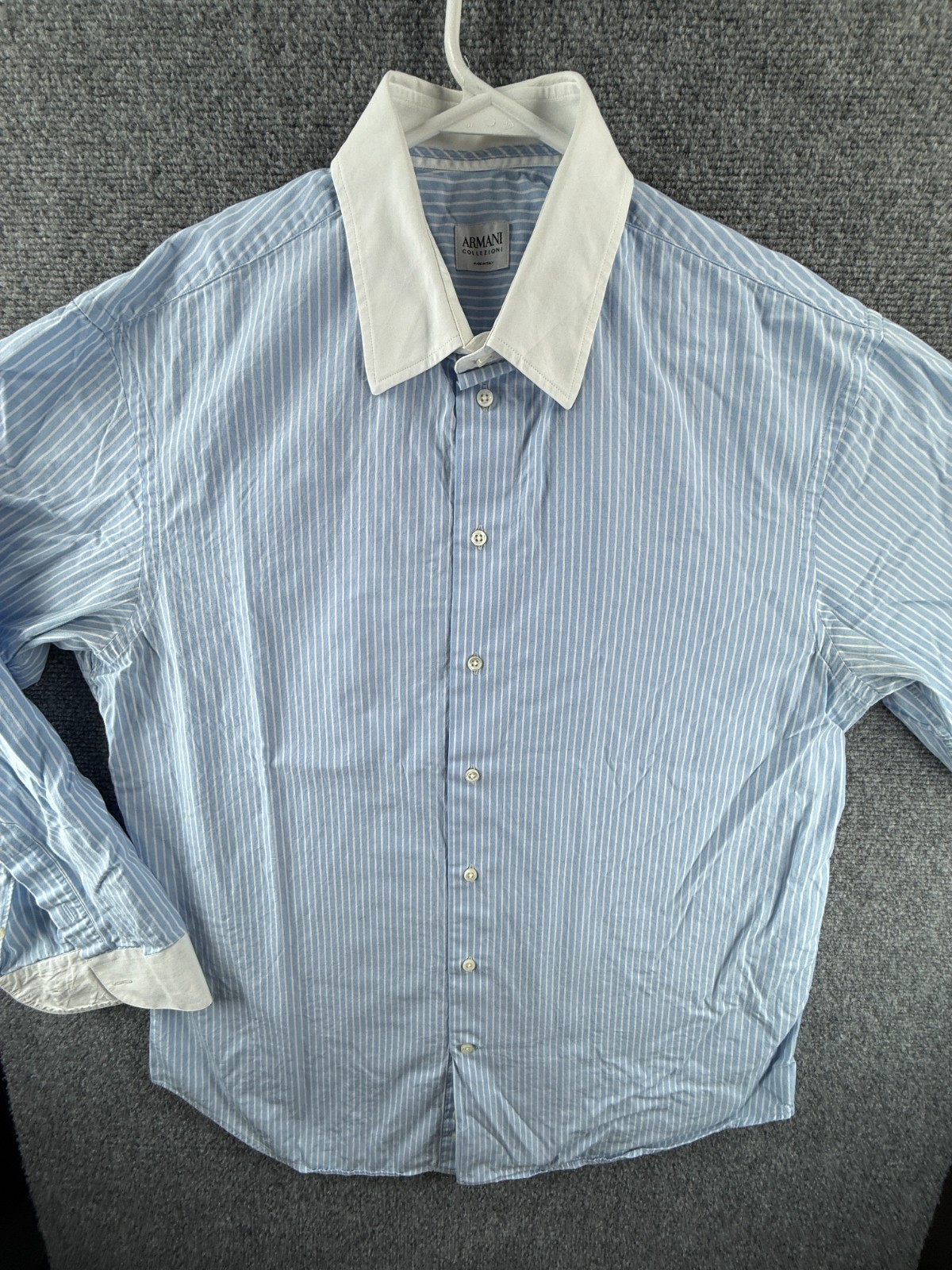Armani Italy 16.5 Contrast Collar Striped Blue Shirt Italian Long Sleeve Mens