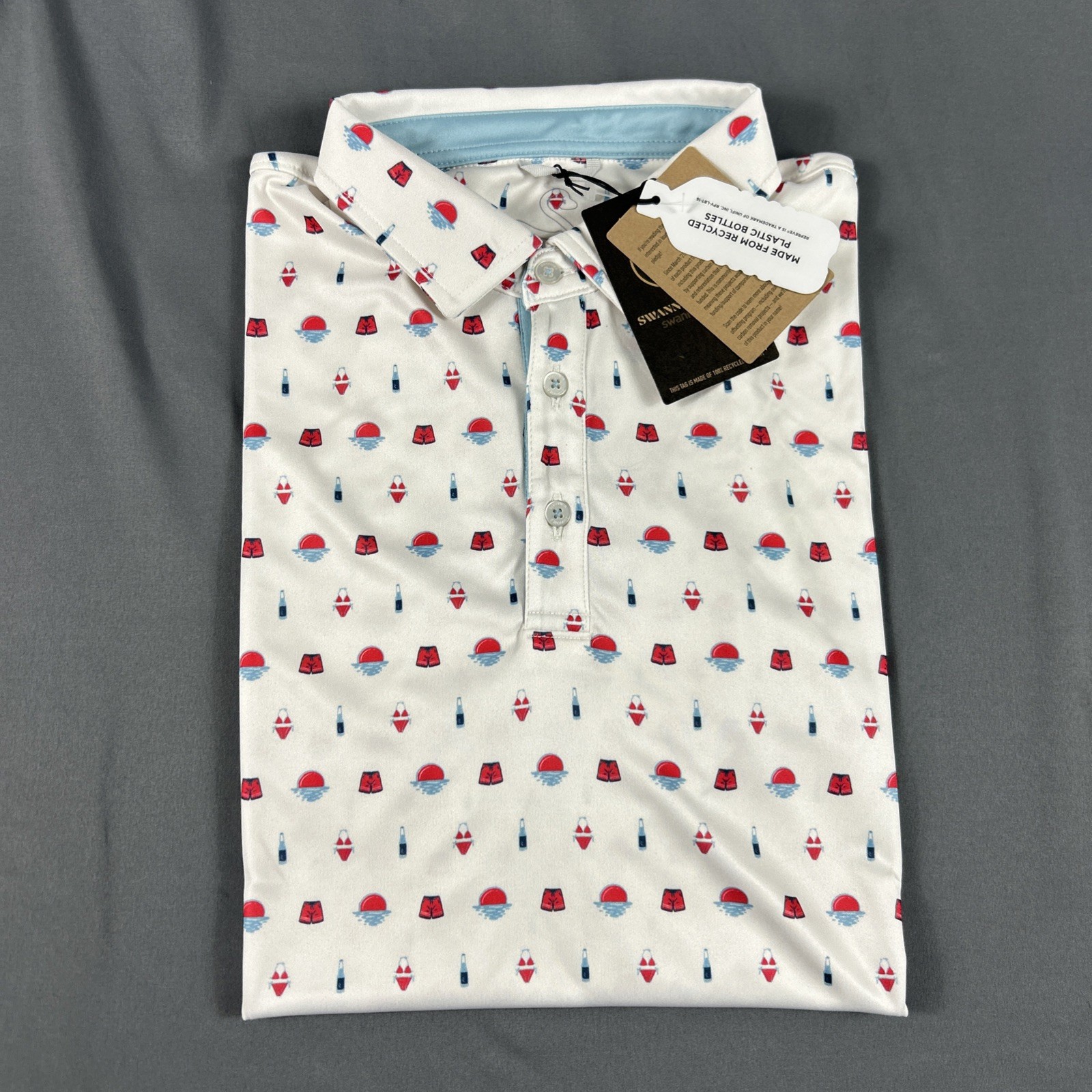 Swannies Golf Shirt Polo Quaid Print Medium White Polyester NWT MSRP $80