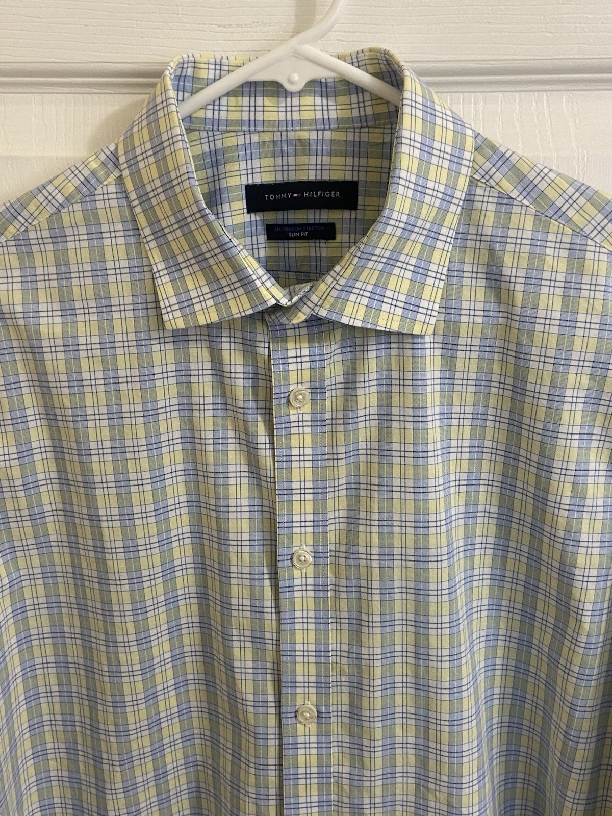 Tommy Hilfiger Men’s All‑Season Stretch Slim Fit Shirt Large Blue Yellow Plaid