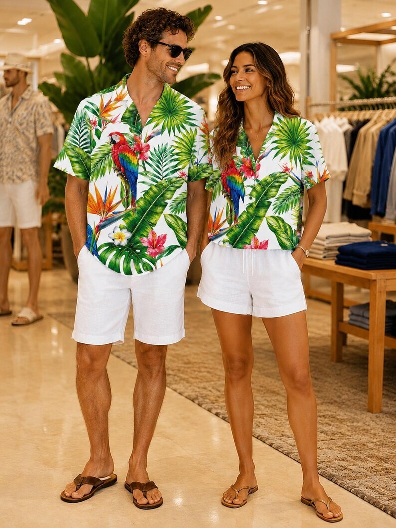 Tropical Summer Button Shirt | Botanical Birds Print, Unisex Vacation