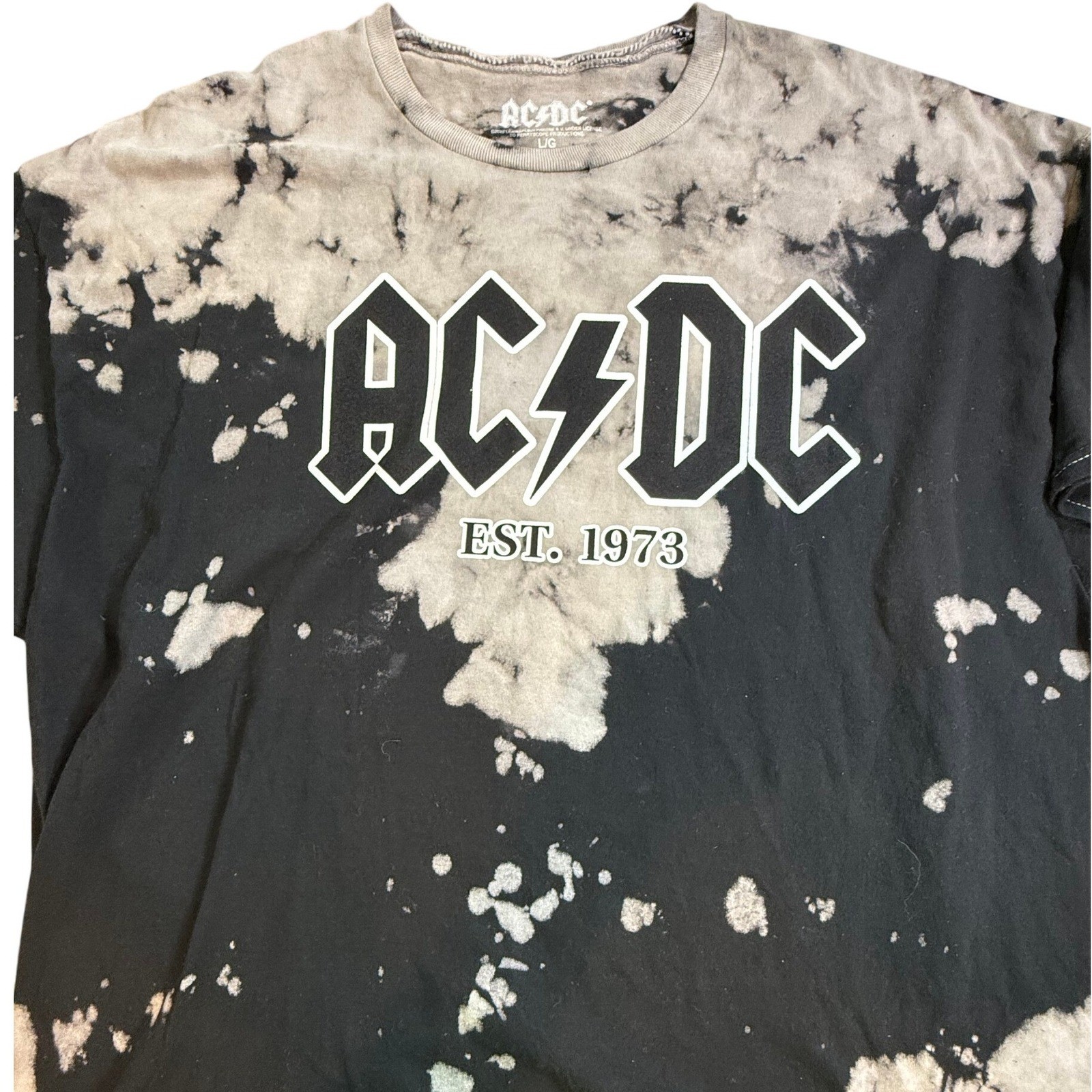 AC/DC Est 1973 Bleach Wash Tie Dye Graphic T-Shirt Mens Large Black Grey