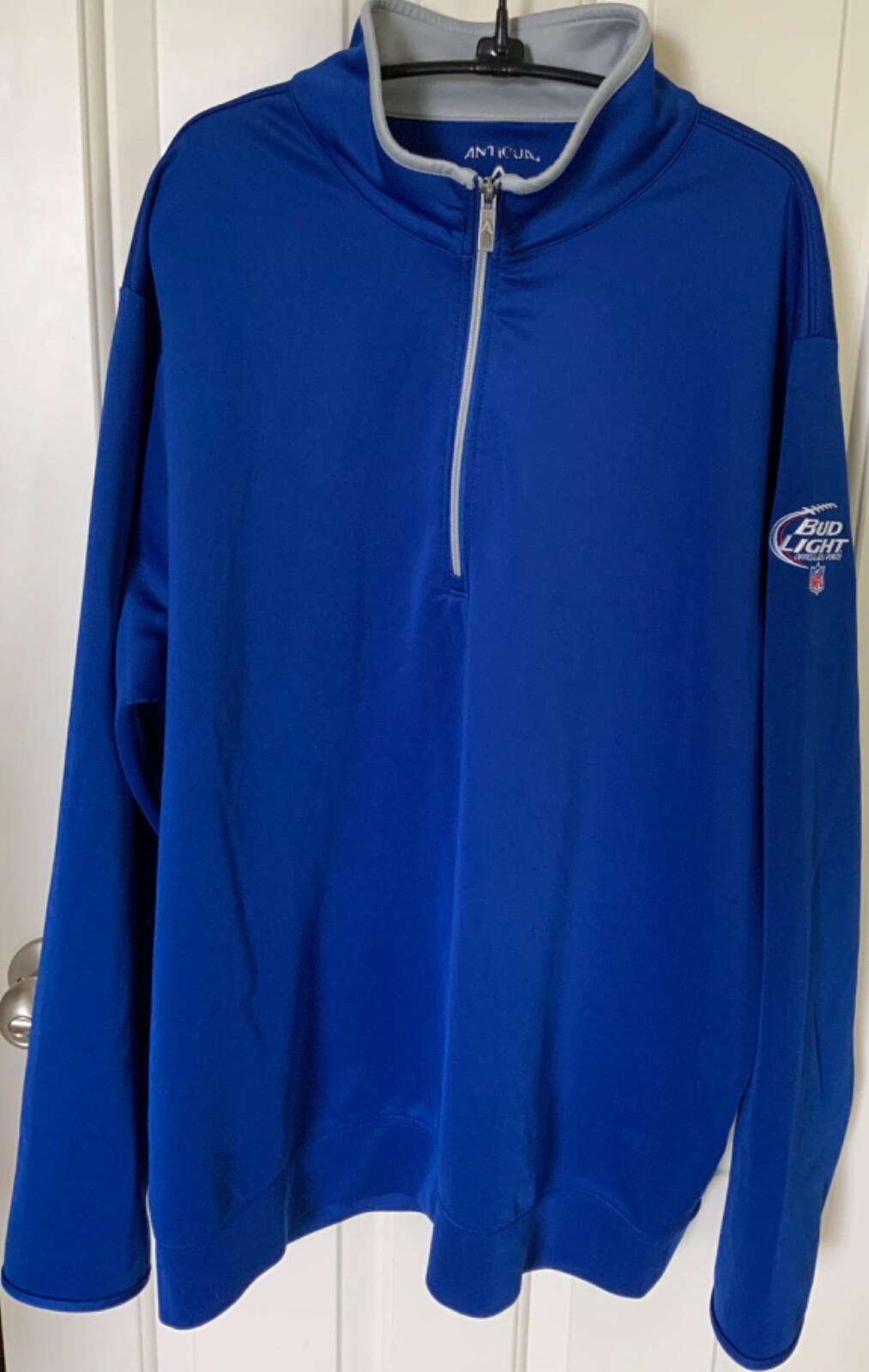 Antiqua Royal Blue/ Gray Collar L/Sleeve 1/4 Zip Bud Light Football NFL Sponsor