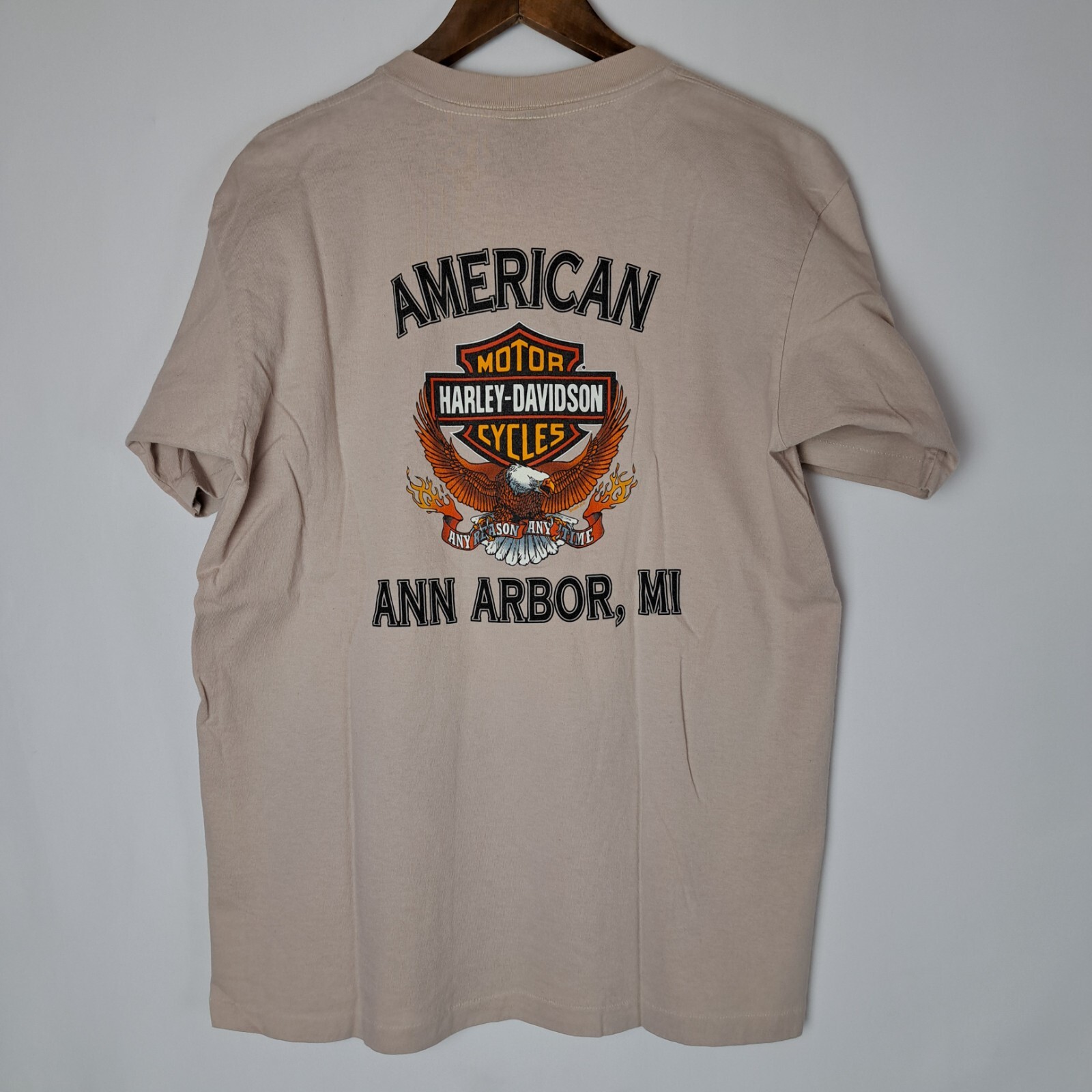 Vintage Harley Davidson T-Shirt Mens Large Beige Holoubek Ann Arbor, MI USA 98′
