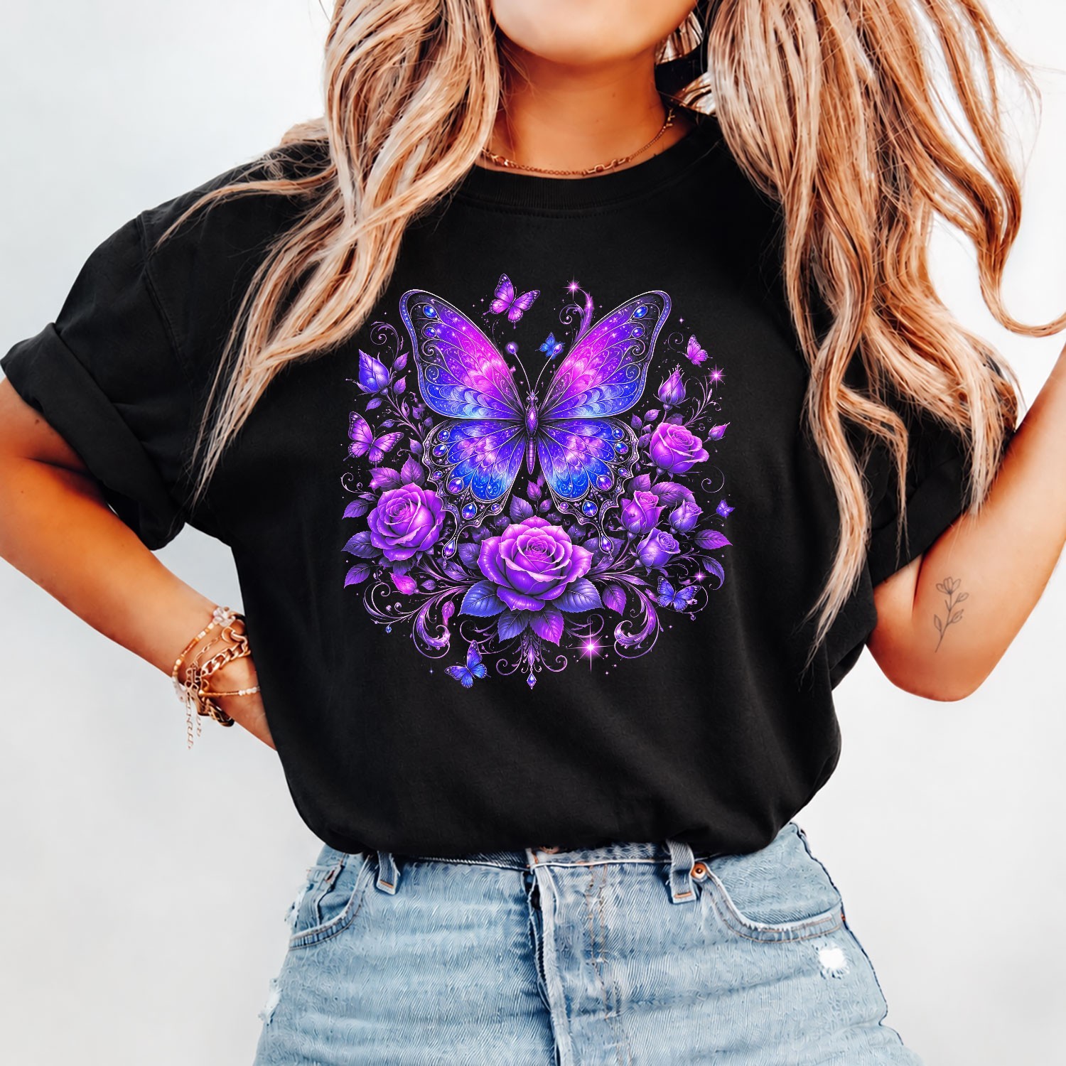 Colorful Butterfly Graphic Tee For Women Spring Occasion Floral Art Design Shirt