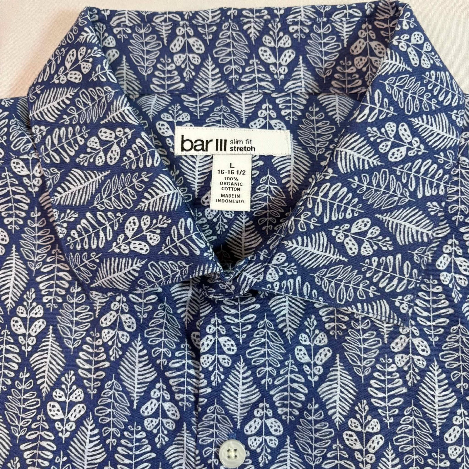 Bar III Men’s Long Sleeve Button Down Shirt Blue White Geometric Leaf Size Large