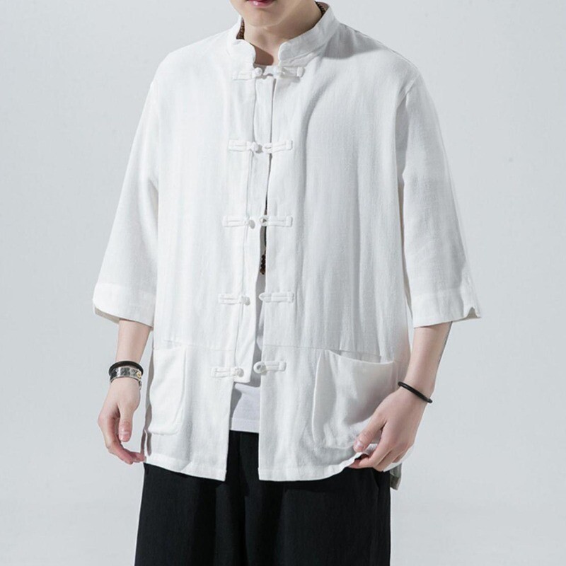 Men Chinese Tai Chi Tang Suit Half Sleeve Shirt Kung Fu Jacket Retro Hanfu Top