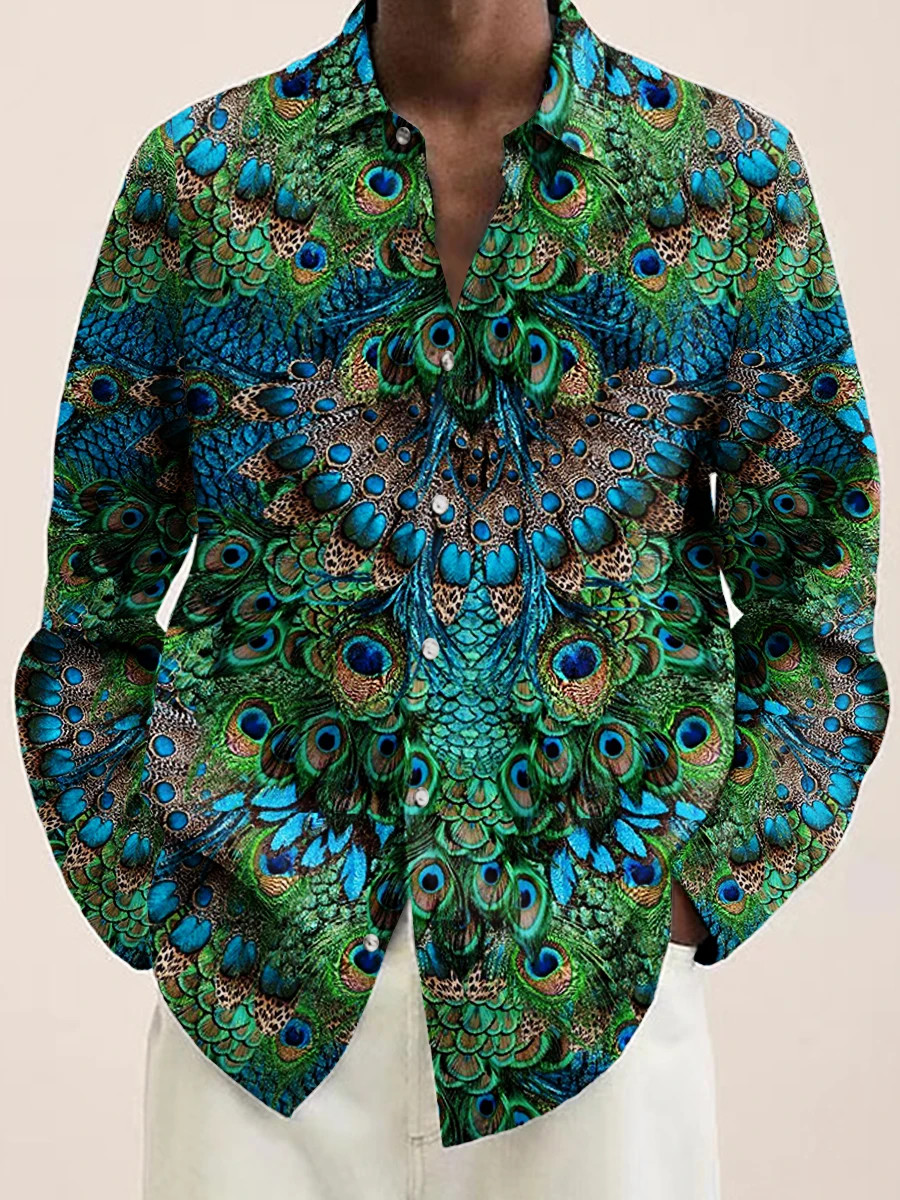 Button Down Shirt Men Peacock Feather Design Luxury Long Sleeve Button Tops