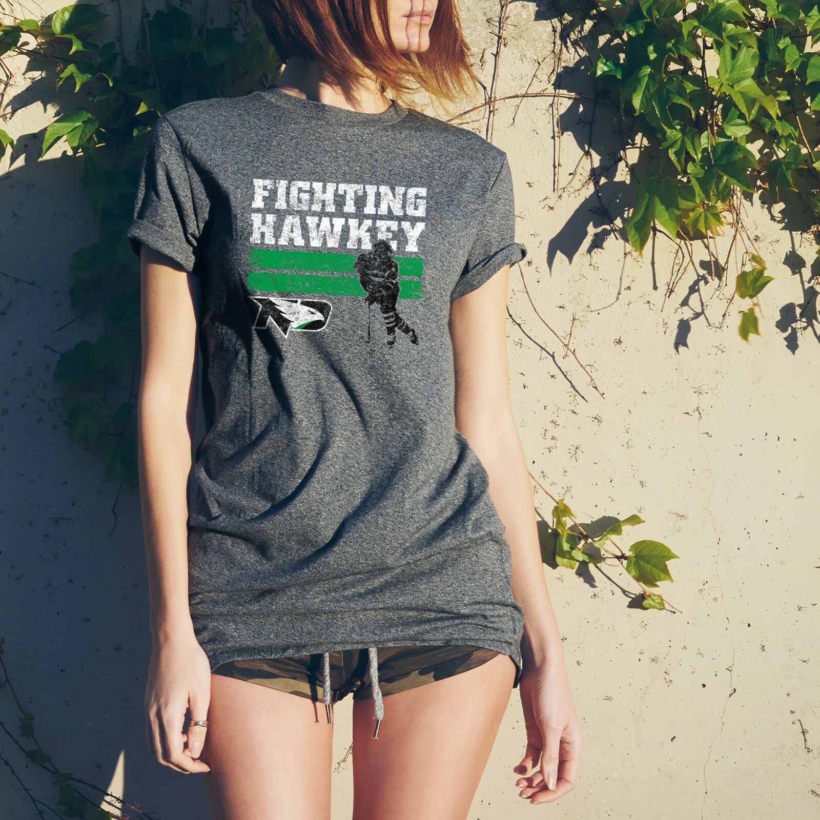 North Dakota Fighting Hawks Retro Ice Hockey T-Shirt – Graphite Heather