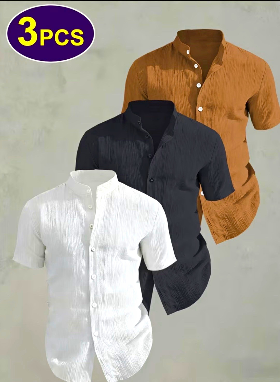 Men’s 3pc Short Sleeve Button-Up Shirts Set Solid Collared Woven L