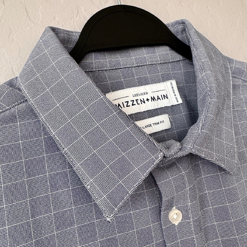 Mizzen+Main Leeward Dress Shirt Stretch Button Up Blue Check XL Trim Fit