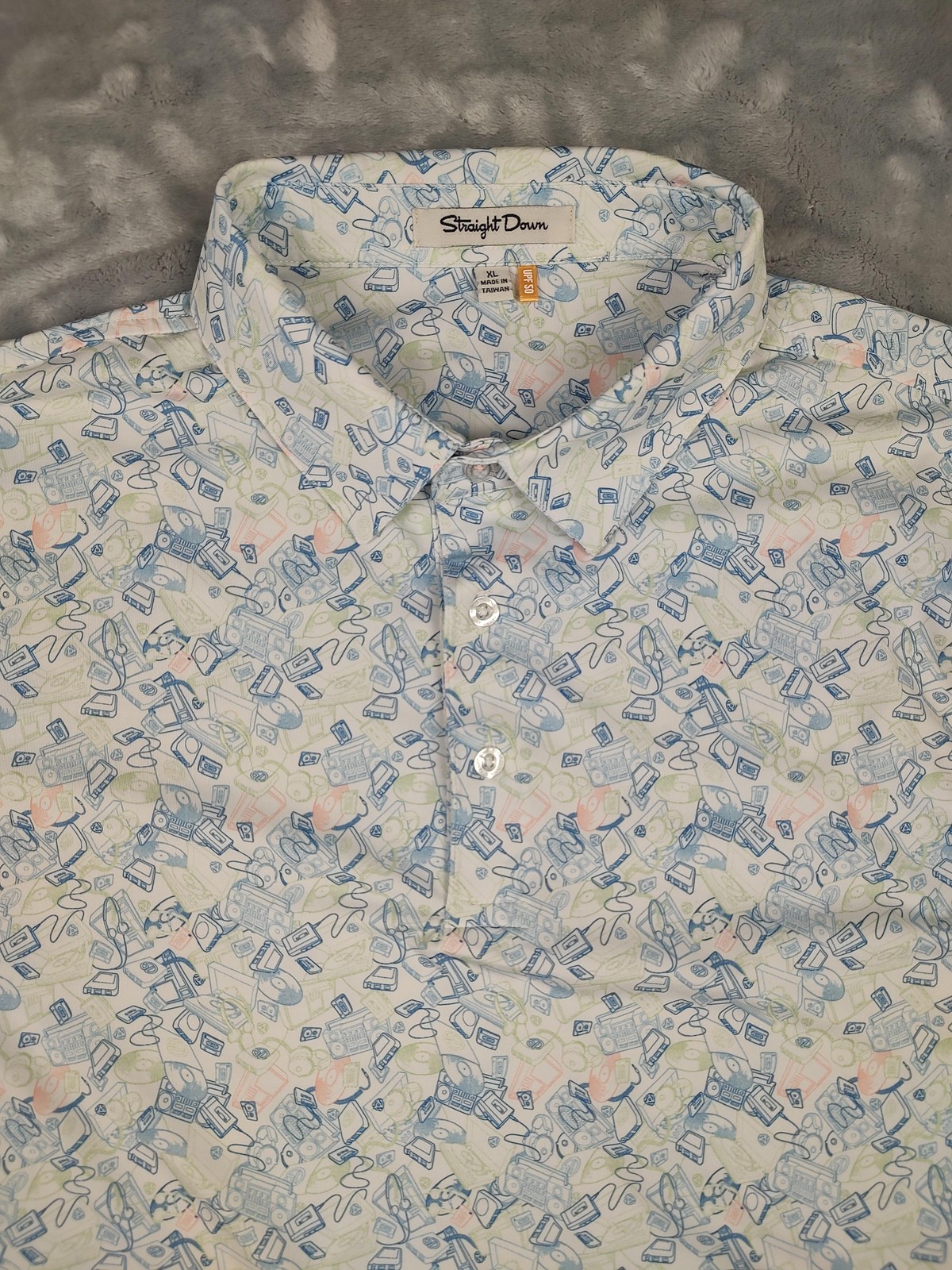 Straight Down Polo Shirt Mens XL Multicolor Music Print Golf UPF 50 Stretch