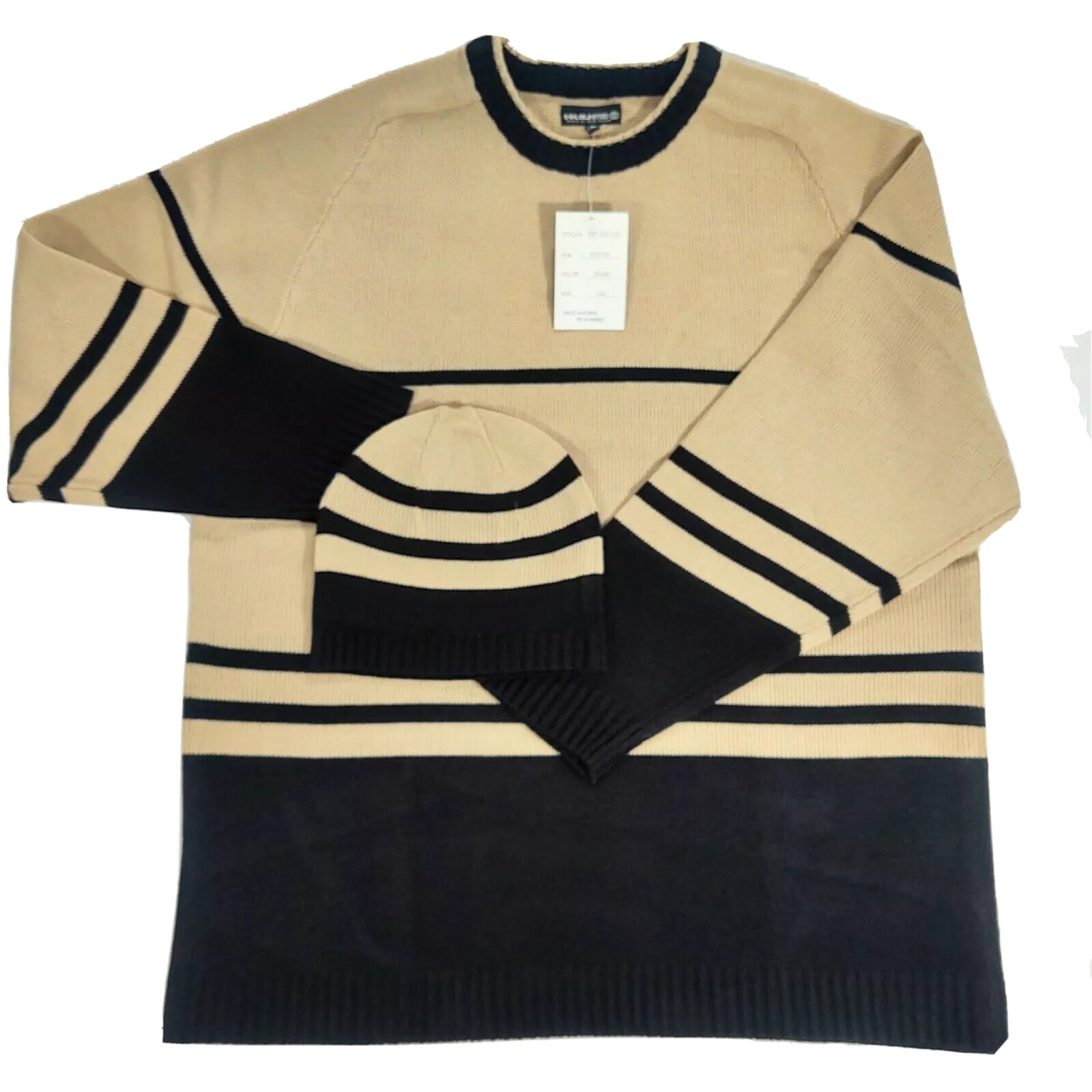 Mens Knit Patterned Sweater and Beanie Set Casual Classic Pullover Vintage