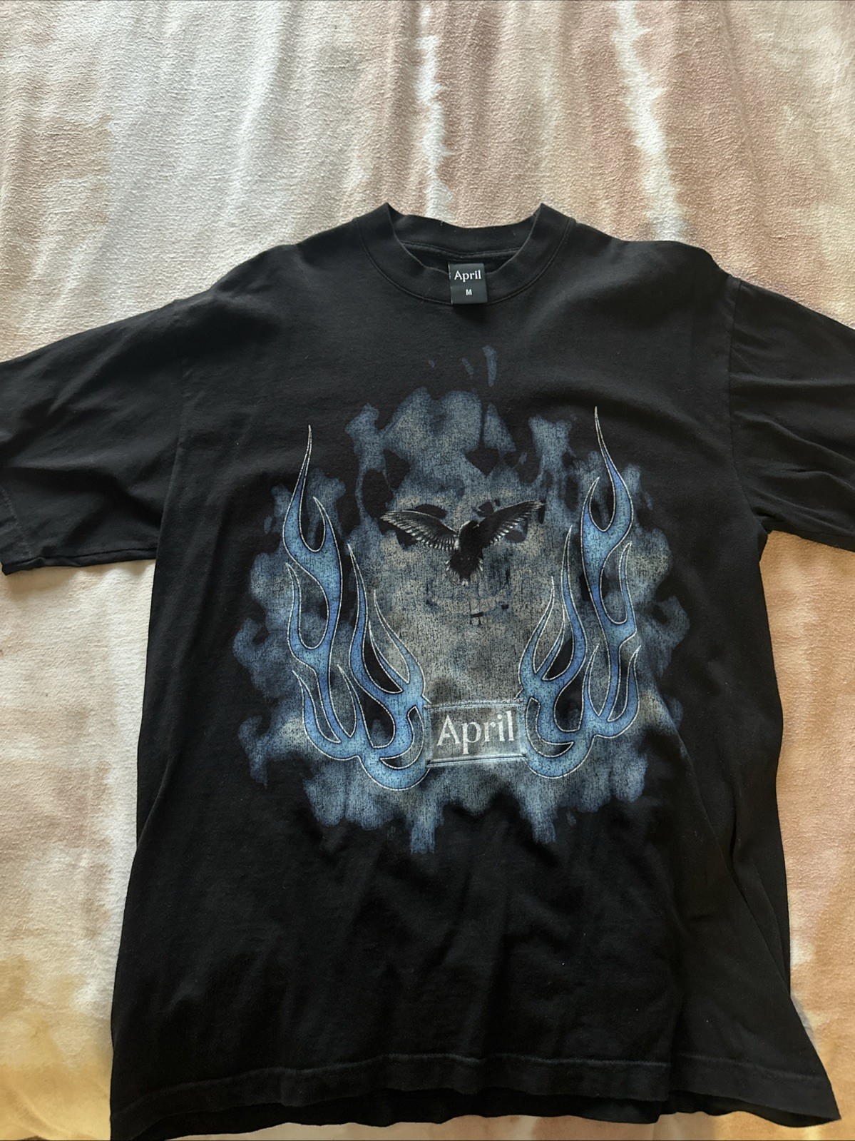 April Skateboards T-Shirt Black Dove 🕊️ With Skull Blue Flame Size M