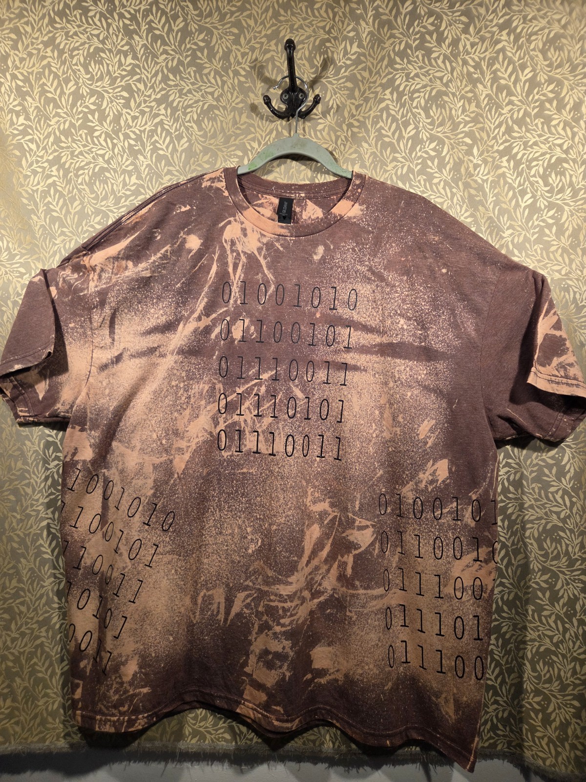 #145 Bleach Wash Binary Code Graphic T-Shirt Brown Beige Unisex 3XL Big & Tall