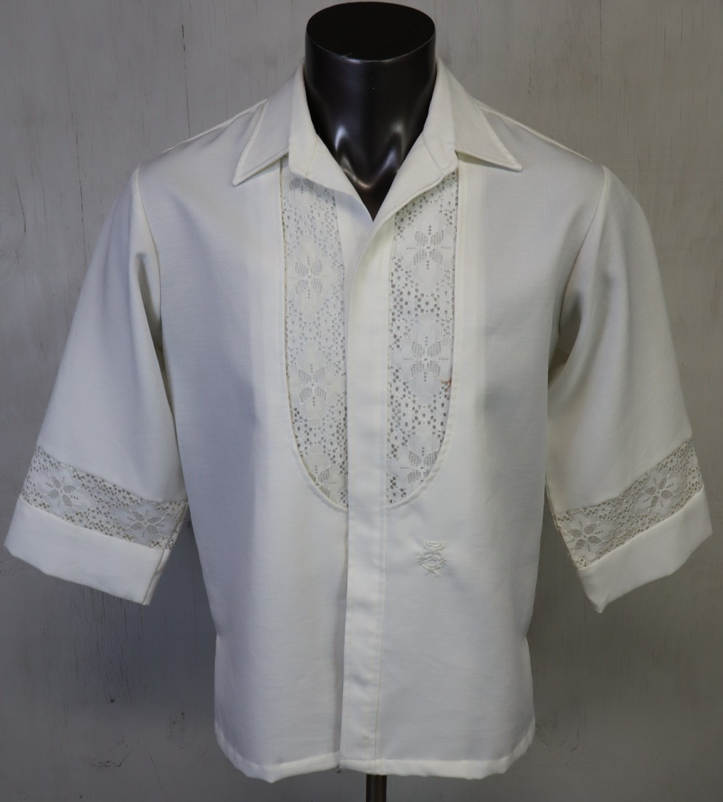 Vintage Beau Tiki Shirt Mens M White Button Up Lace Lolani Hawaii Wedding USA