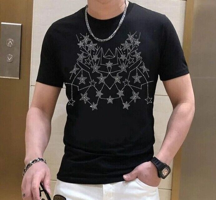 New Men Luxury Diamond Star Rhinestones Fashion Black White T-Shirt High Quality