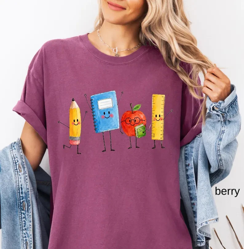 Cute Pencil Notebook Apple Ruler Graphic Tee Funny School Shirt Unisex T-Shirt